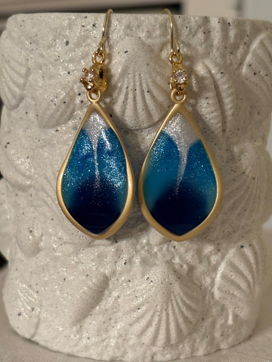 Ocean Blue Ombré Teardrop Earrings – Gold & Shimmer Resin Dangles