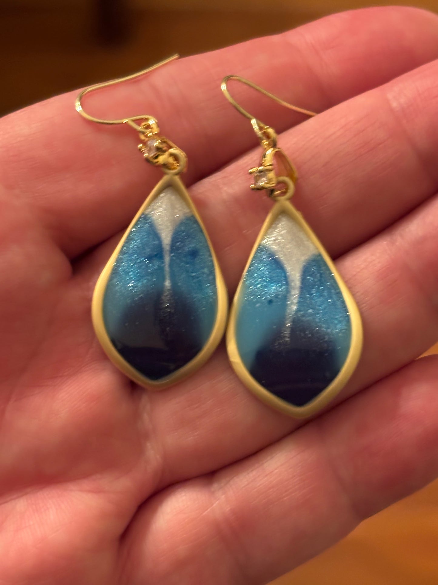 Ocean Blue Ombré Teardrop Earrings – Gold & Shimmer Resin Dangles