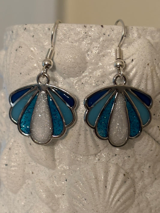 Ocean Blue & Pearlescent White Seashell Resin Earrings | Handmade Coastal Jewelry
