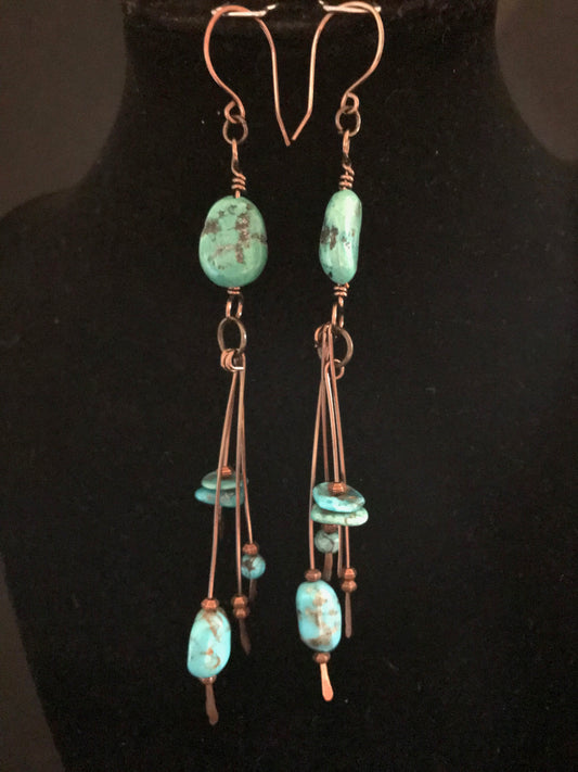 Long Copper & Turquoise Earrings – Blue Howlite Boho Southwestern Jewelry