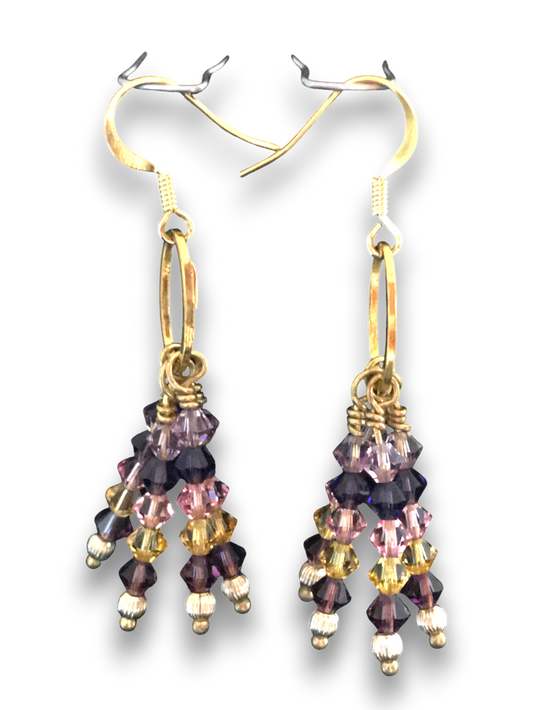 Swarovski Crystal Dangle Earrings – Colorful Purple & Gold Statement Jewelry