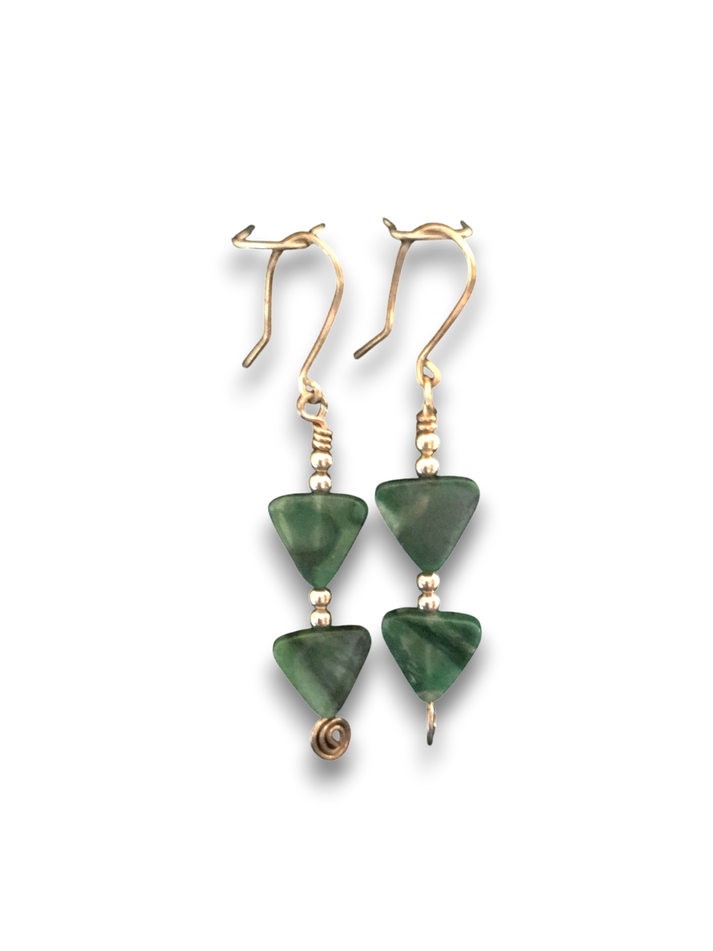 Pair of green triangle-shaped earrings with silver accents on a white background