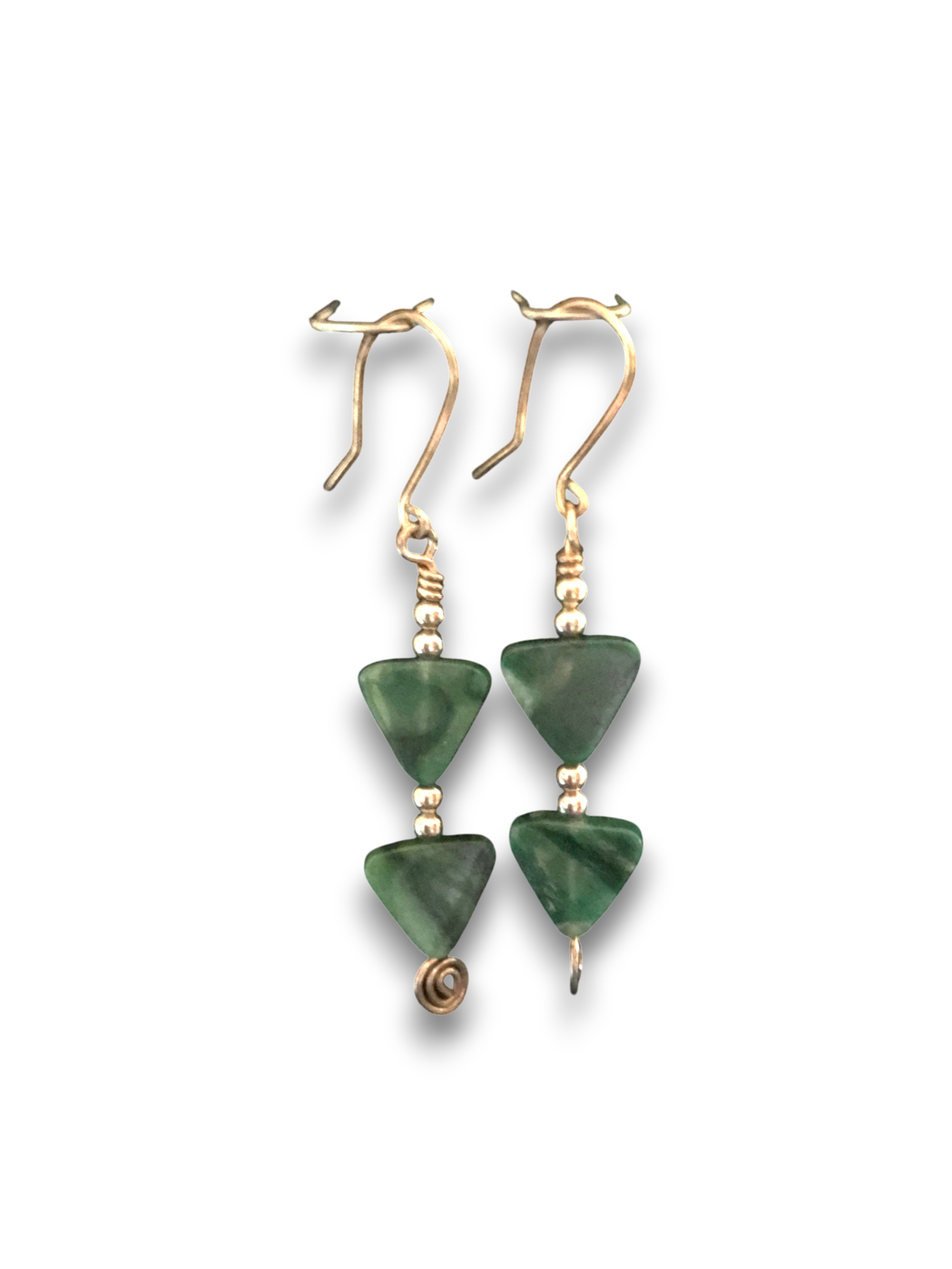 Pair of green triangle-shaped earrings with silver accents on a white background