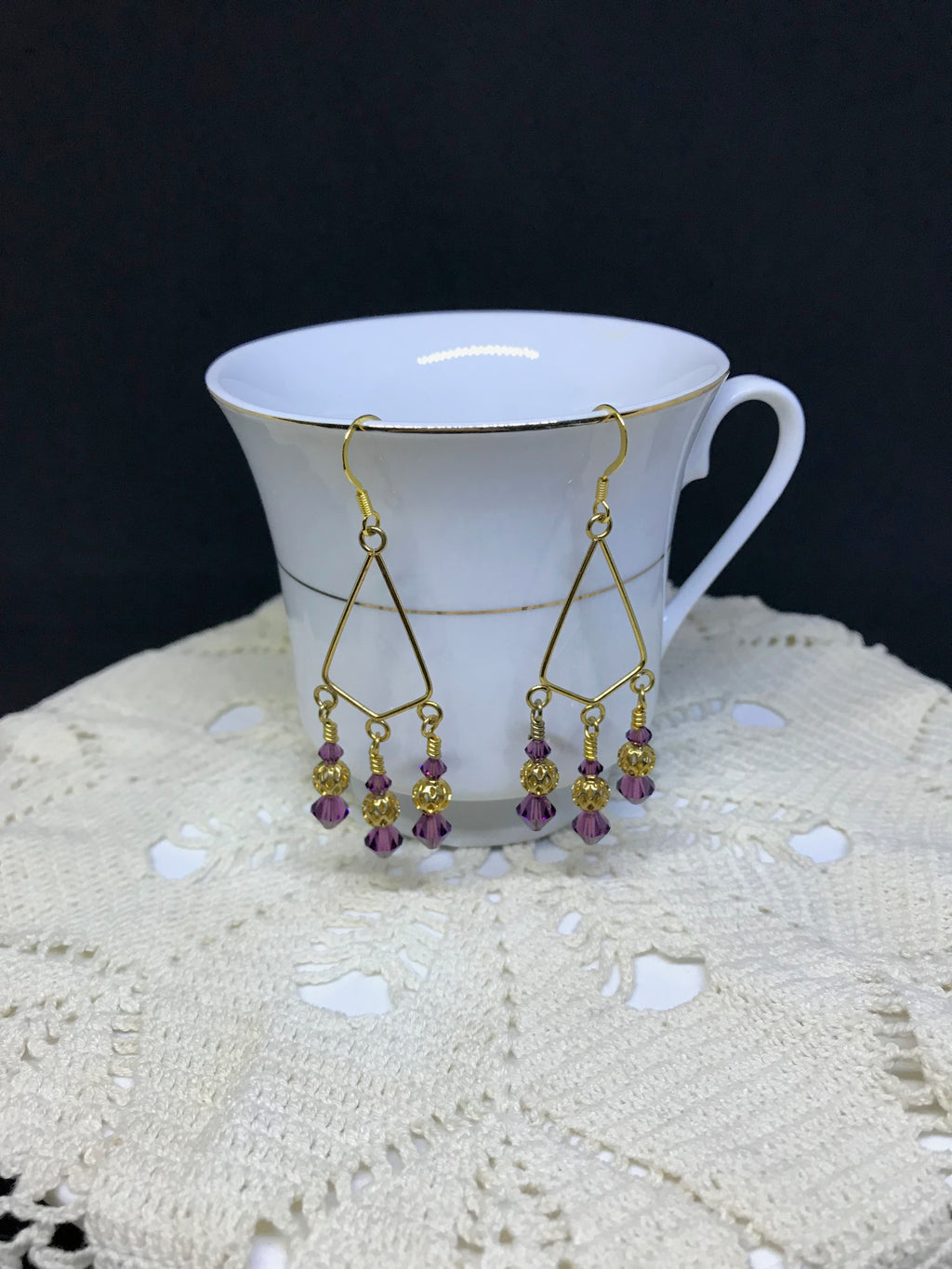 Gold & Purple Crystal Dangle Earrings – Elegant Boho Statement Jewelry