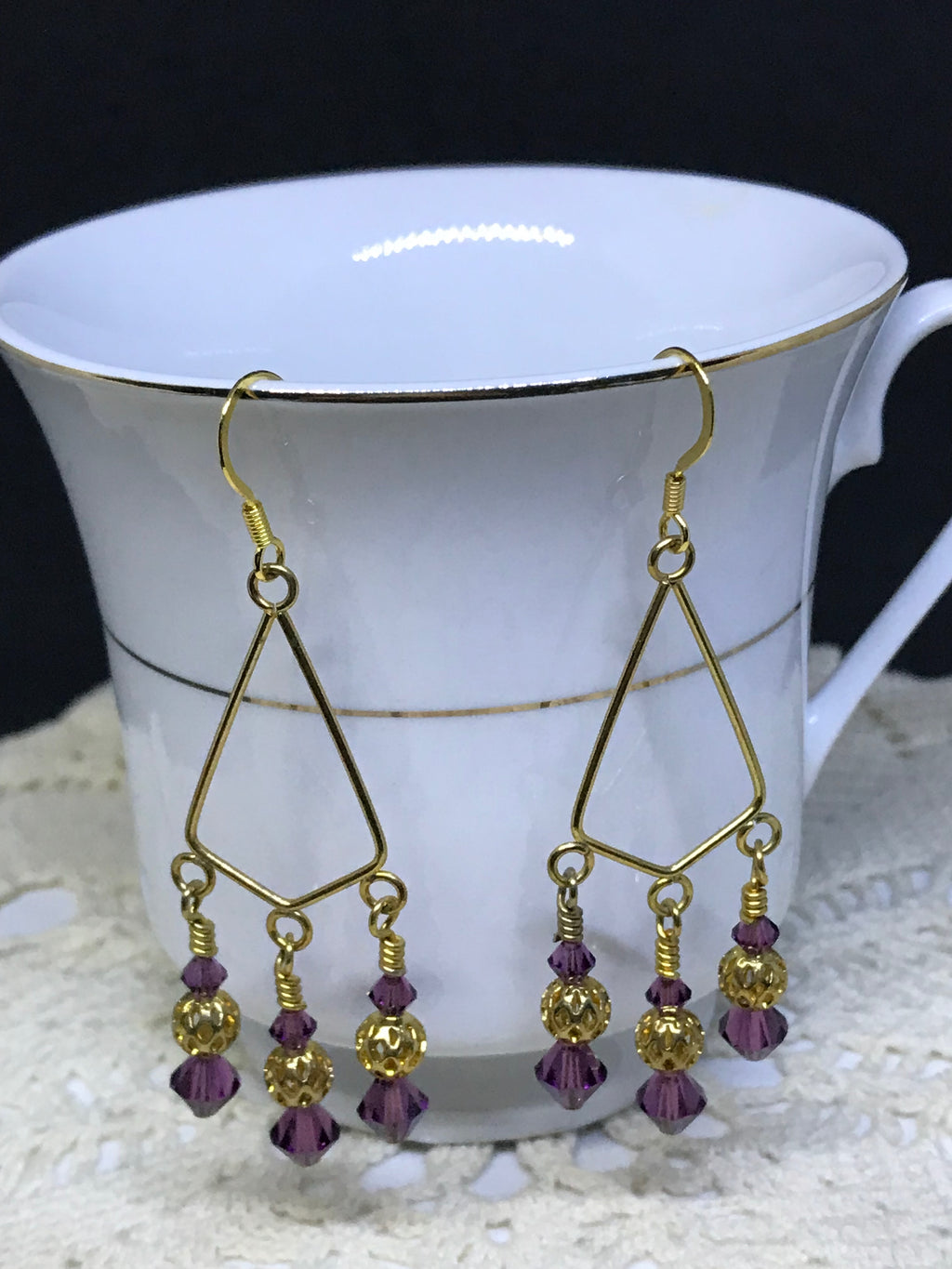 Gold & Purple Crystal Dangle Earrings – Elegant Boho Statement Jewelry