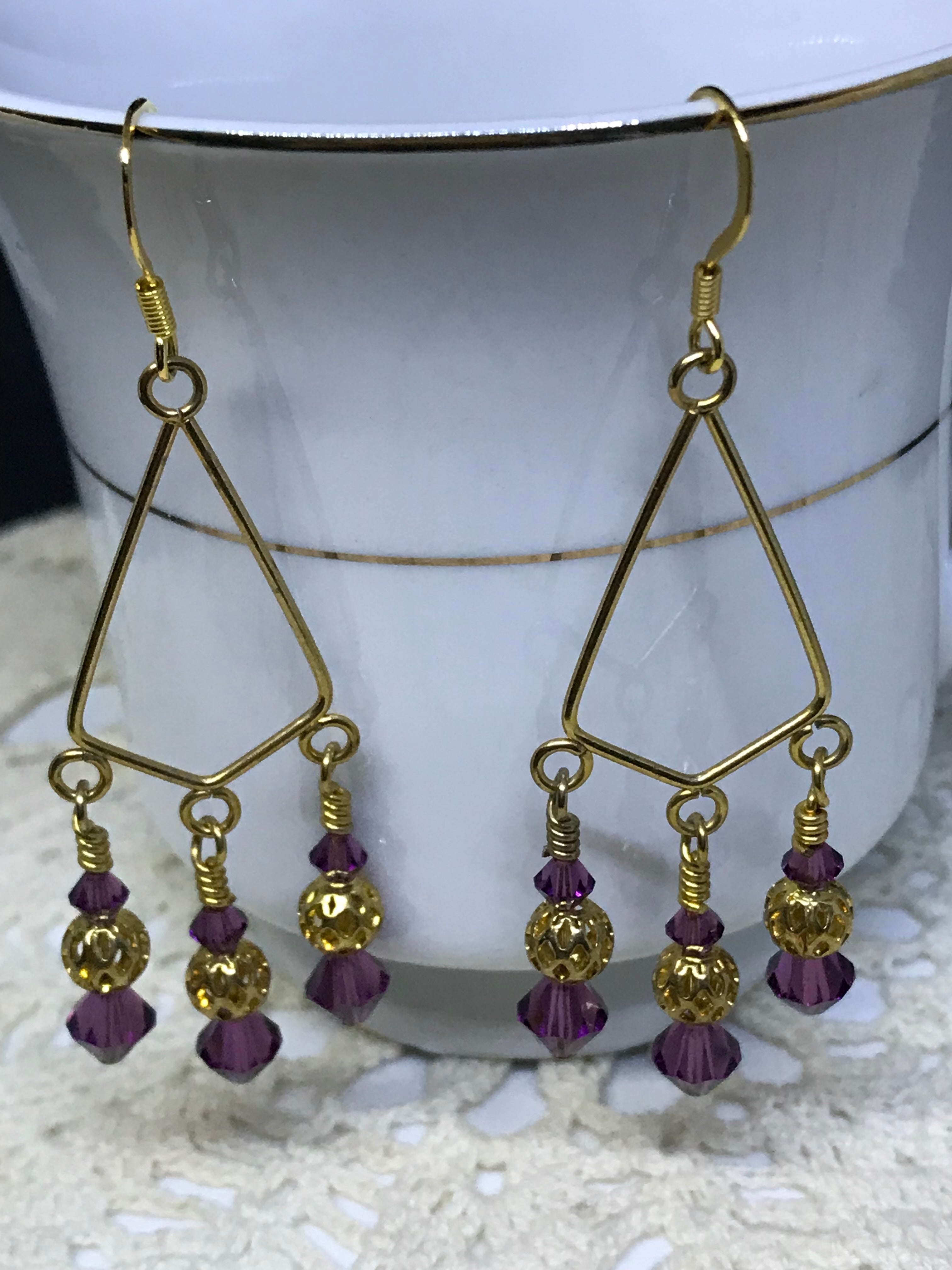 Gold & Purple Crystal Dangle Earrings – Elegant Boho Statement Jewelry
