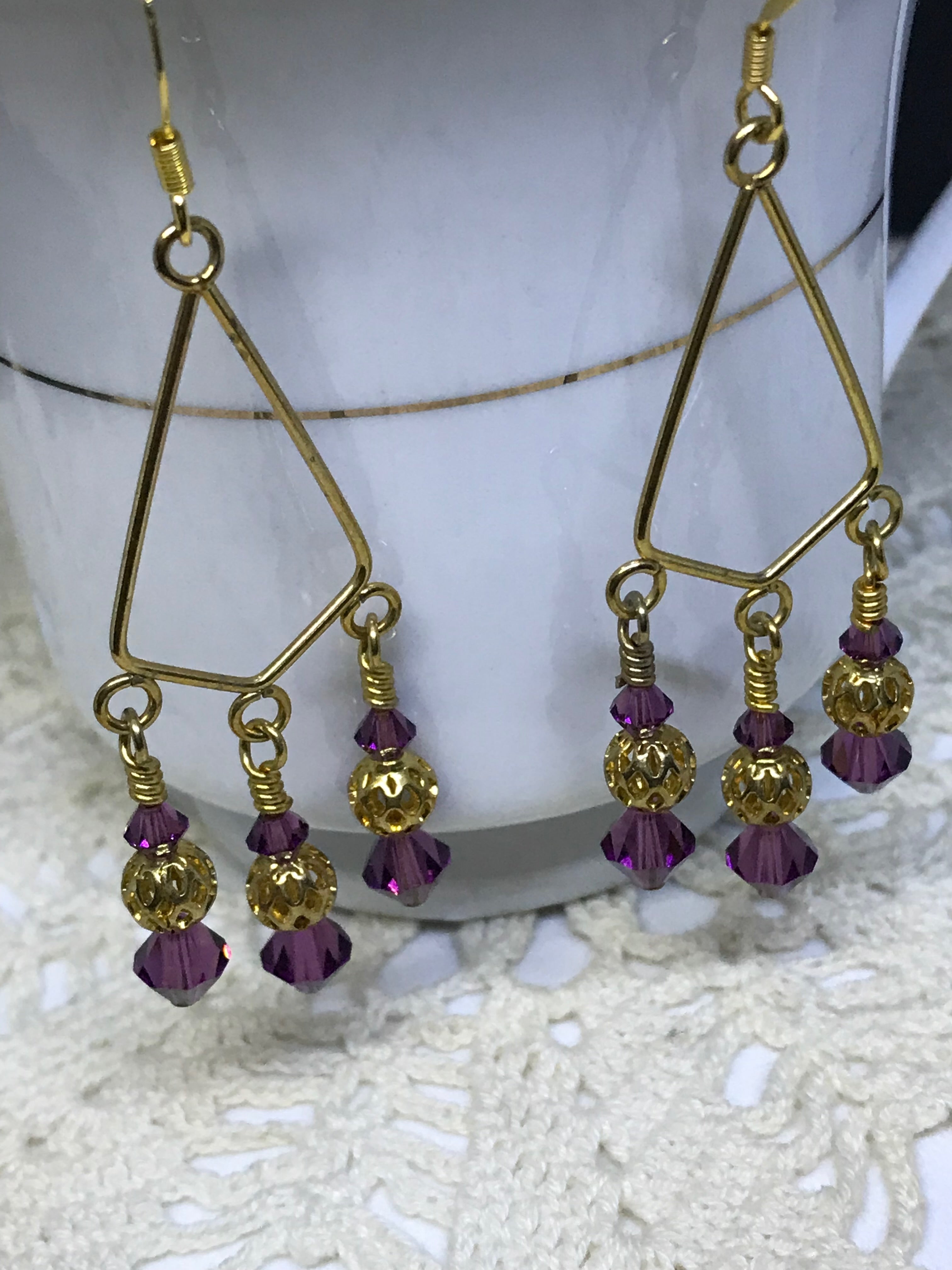 Gold & Purple Crystal Dangle Earrings – Elegant Boho Statement Jewelry