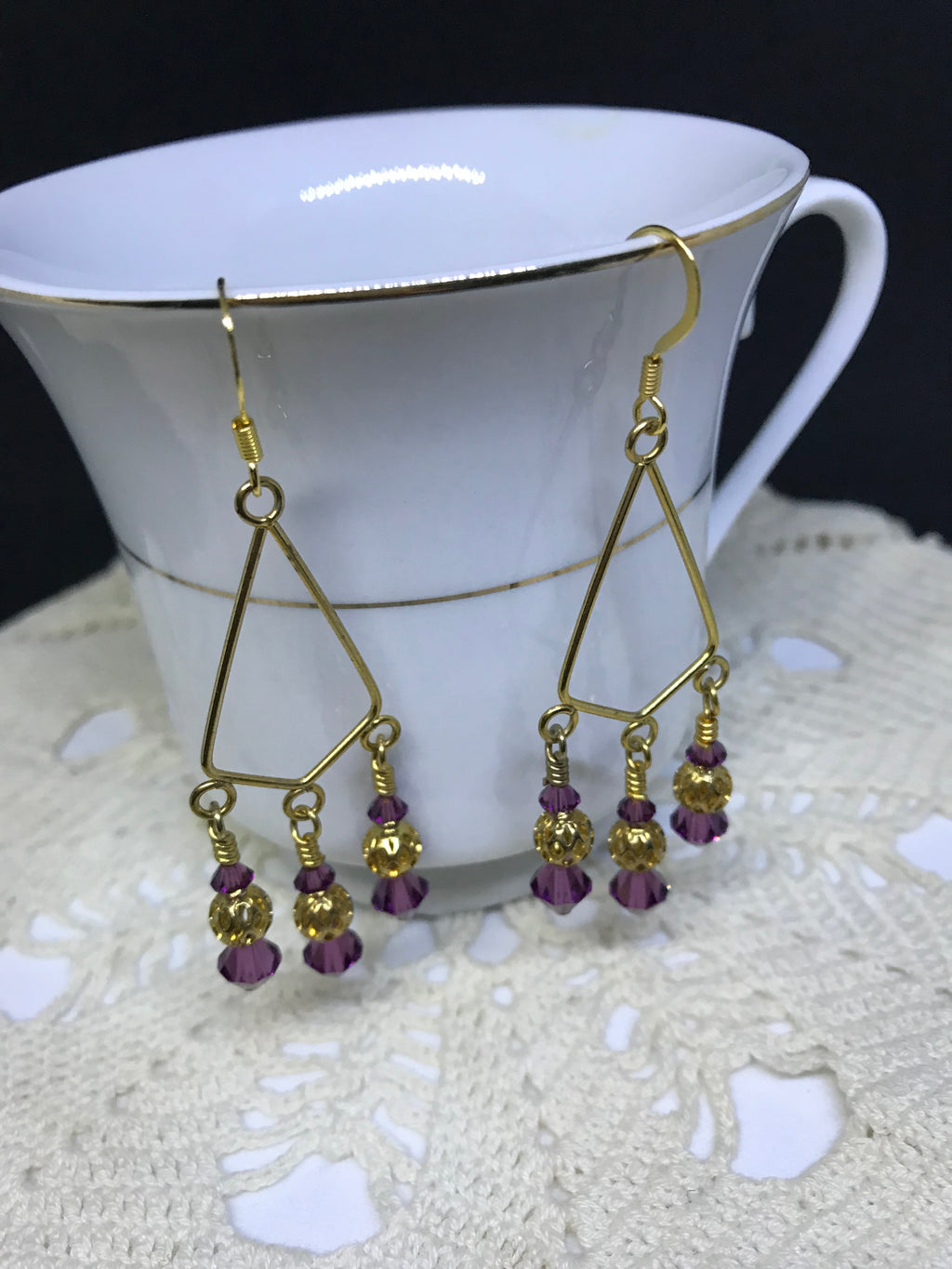 Gold & Purple Crystal Dangle Earrings – Elegant Boho Statement Jewelry