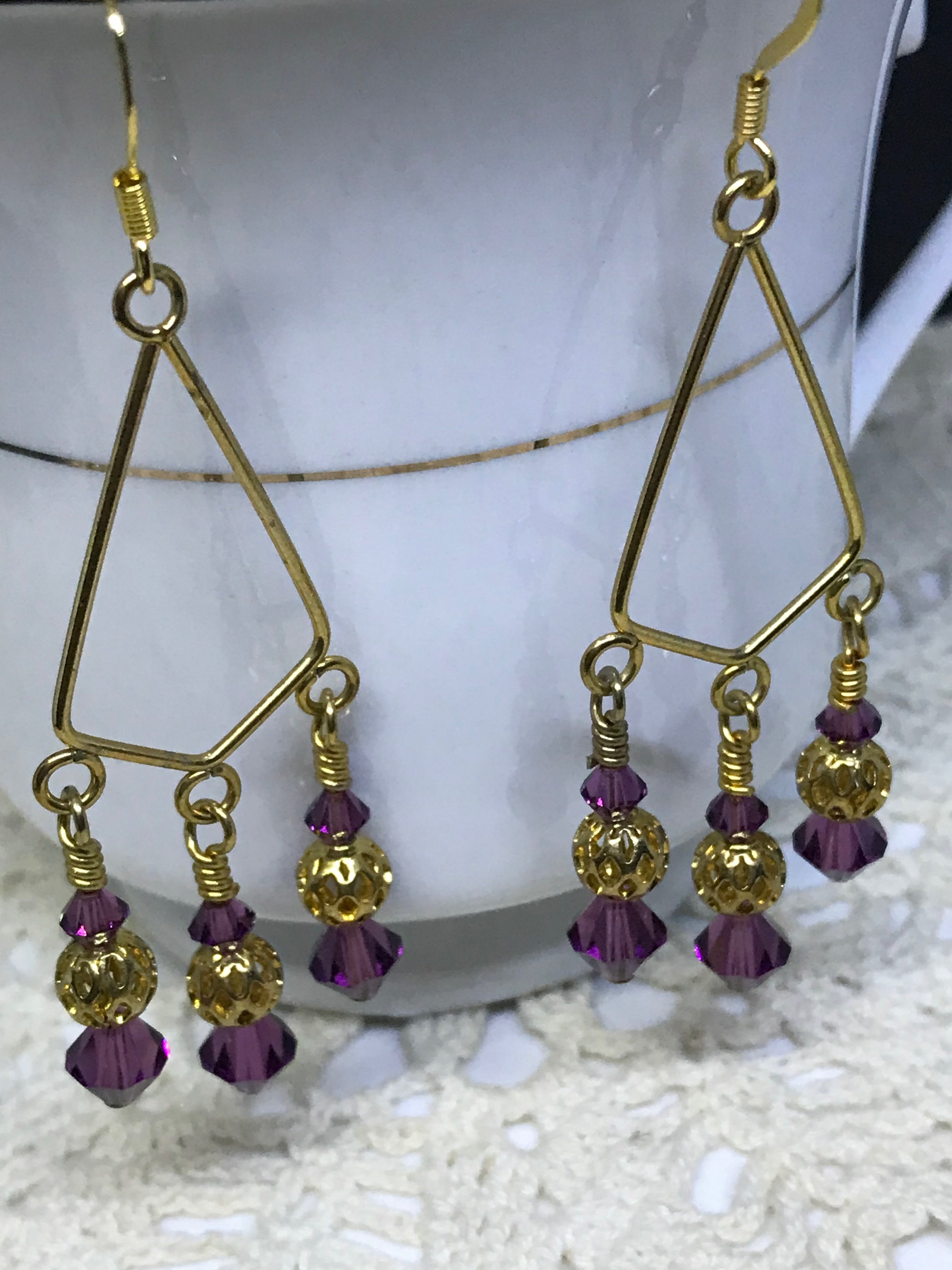 Gold & Purple Crystal Dangle Earrings – Elegant Boho Statement Jewelry