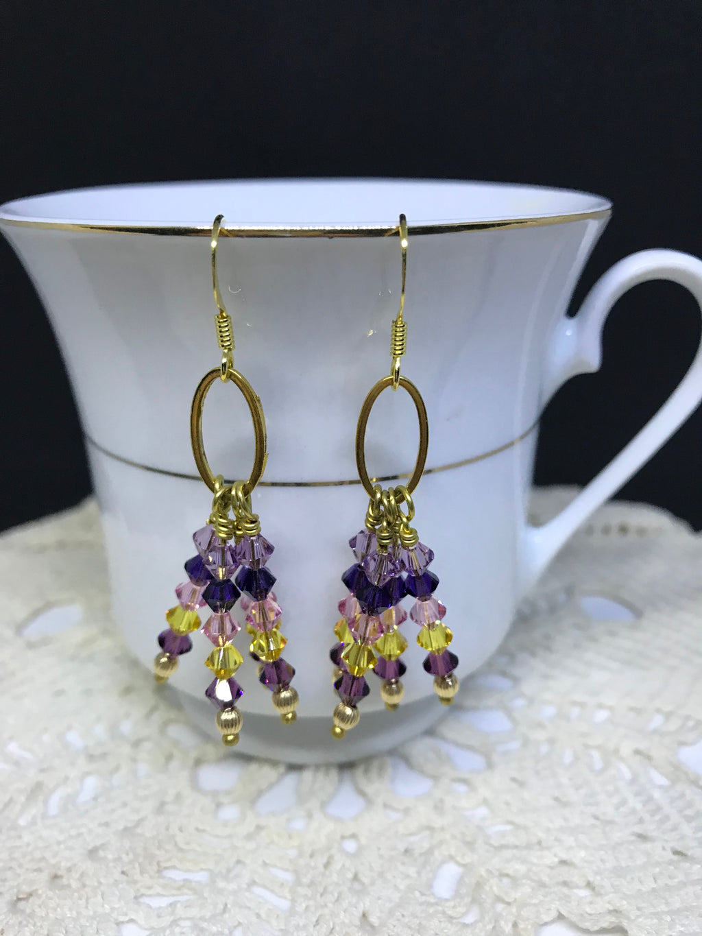 Swarovski Crystal Dangle Earrings – Colorful Purple & Gold Statement Jewelry