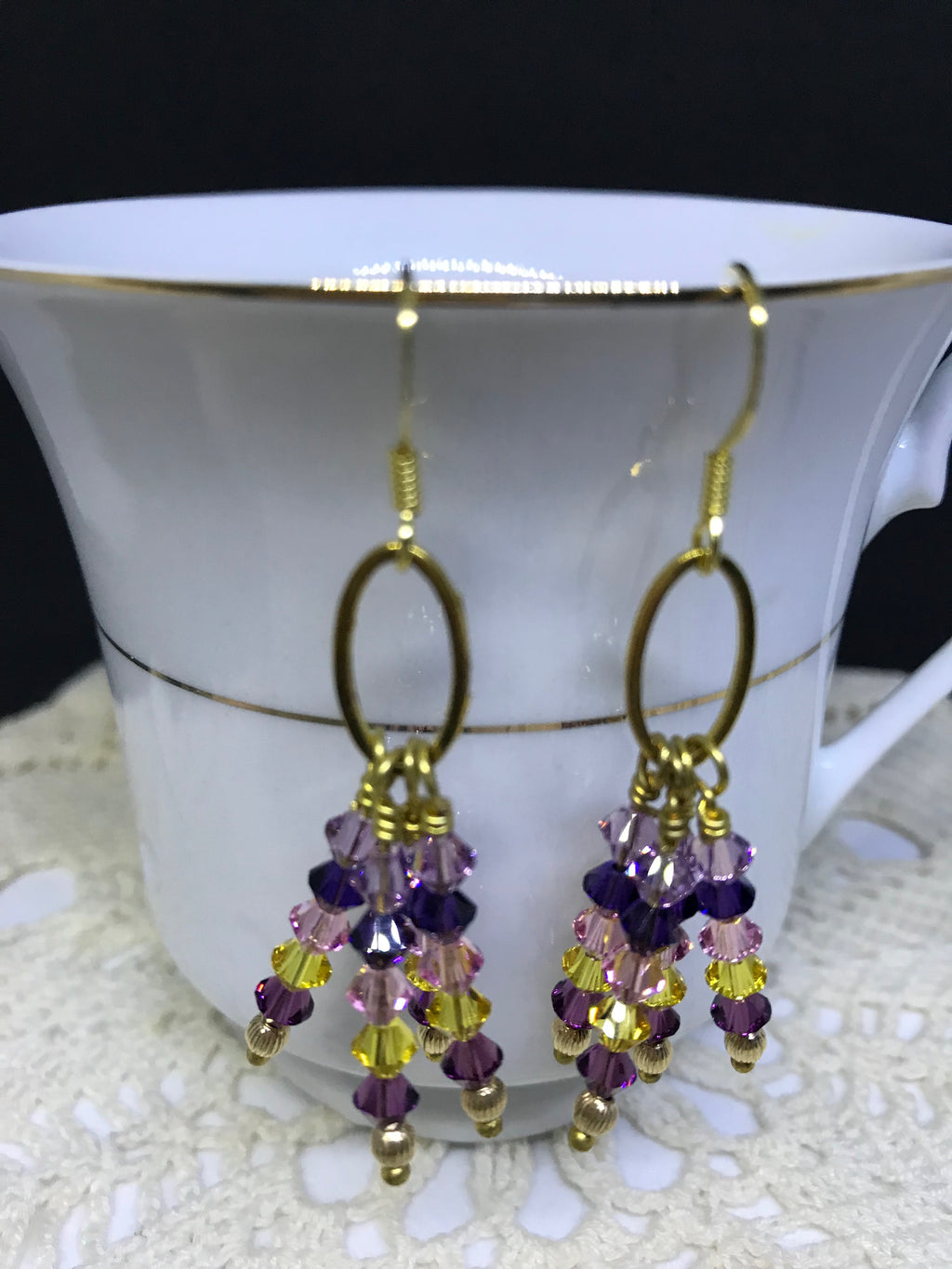 Swarovski Crystal Dangle Earrings – Colorful Purple & Gold Statement Jewelry