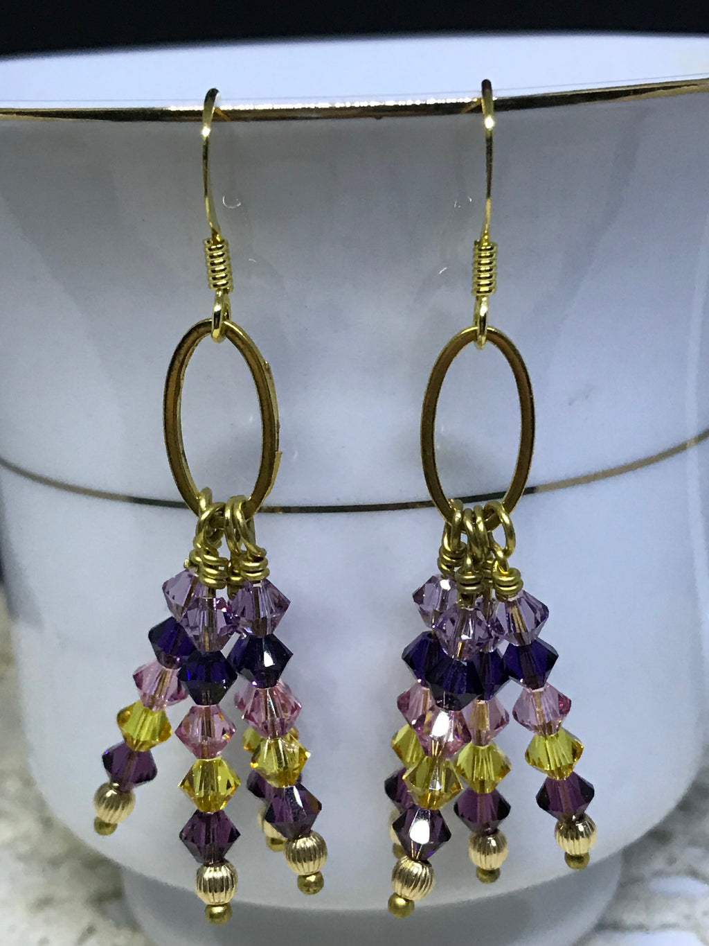 Swarovski Crystal Dangle Earrings – Colorful Purple & Gold Statement Jewelry