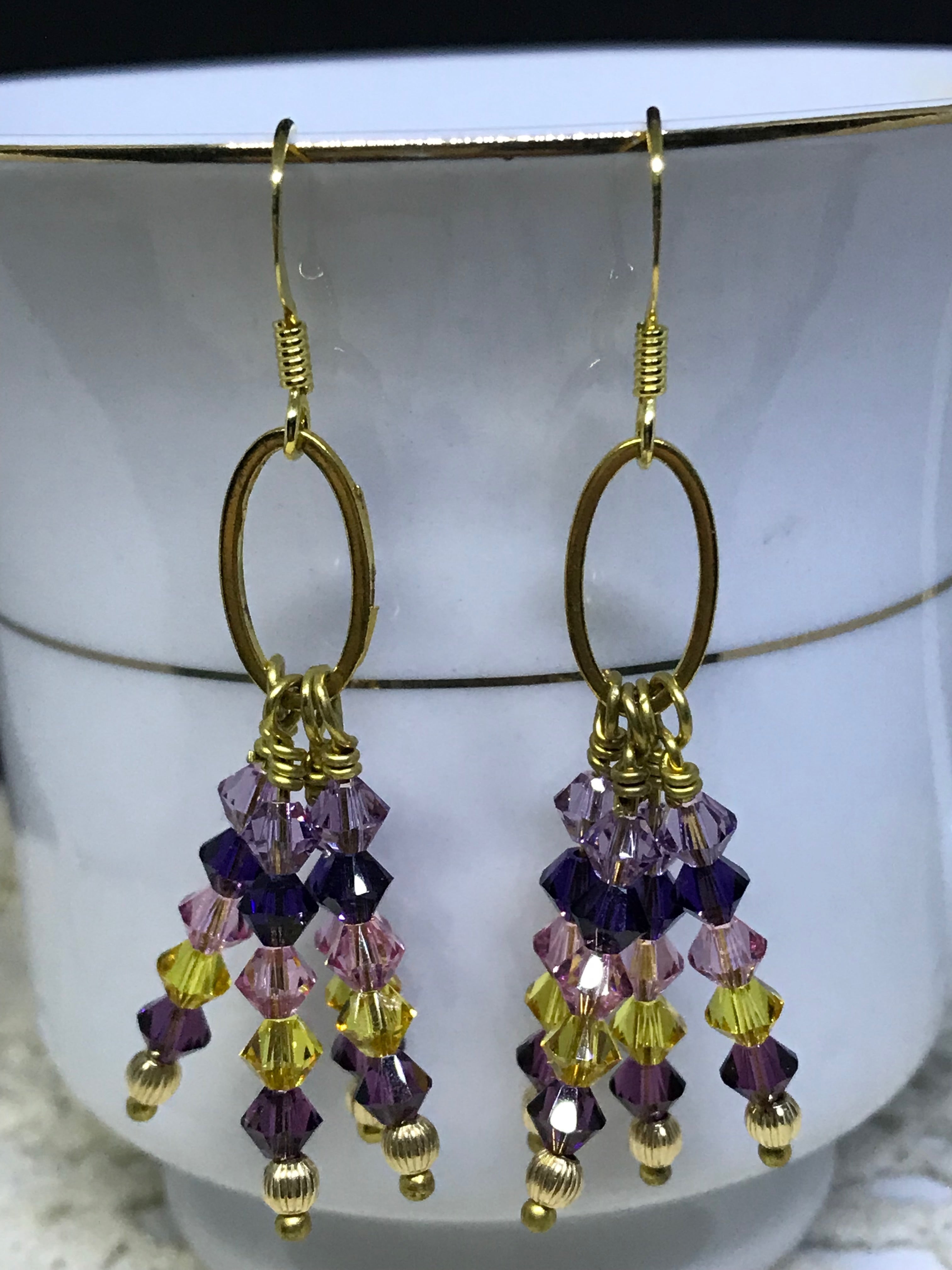 Swarovski Crystal Dangle Earrings – Colorful Purple & Gold Statement Jewelry