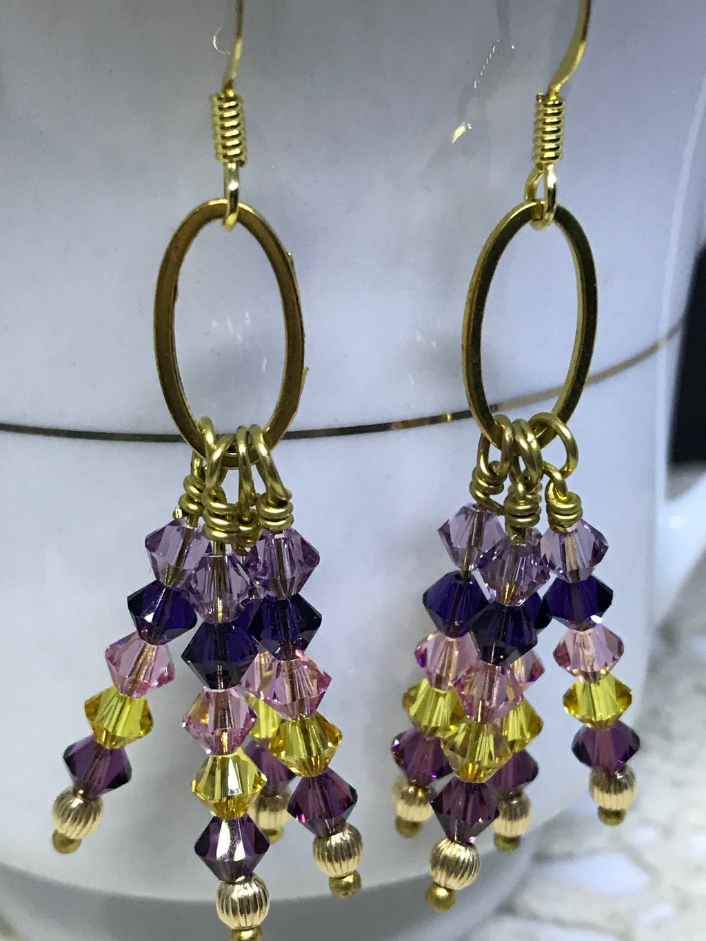 Swarovski Crystal Dangle Earrings – Colorful Purple & Gold Statement Jewelry