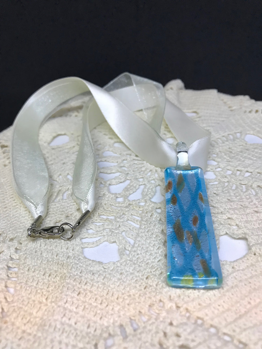 Glass Choker – Blue Fused Glass Pendant on Ribbon, Handmade Art Jewelry