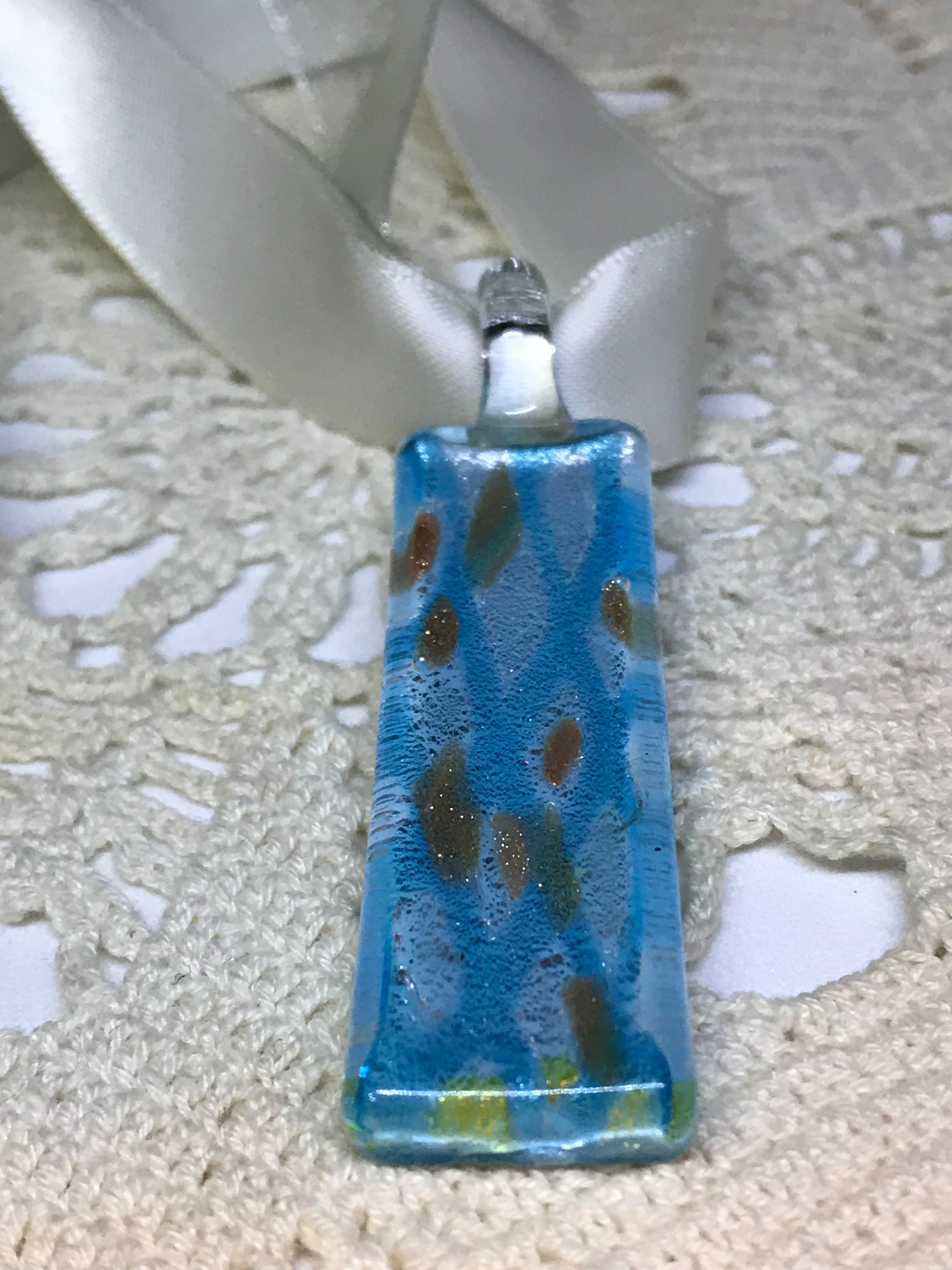 Glass Choker – Blue Fused Glass Pendant on Ribbon, Handmade Art Jewelry