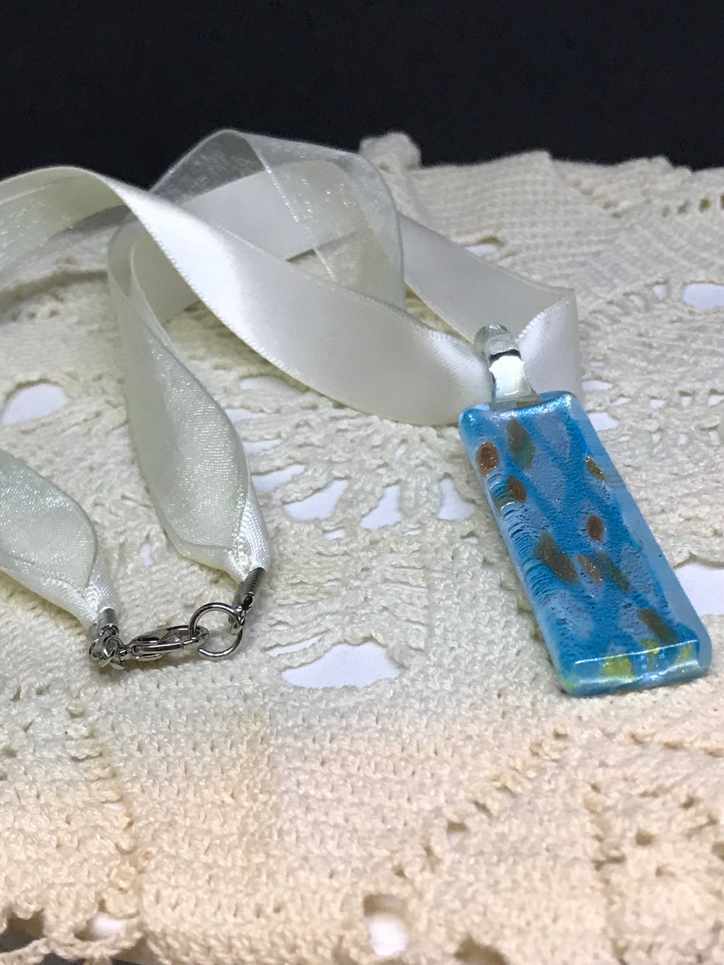 Glass Choker – Blue Fused Glass Pendant on Ribbon, Handmade Art Jewelry