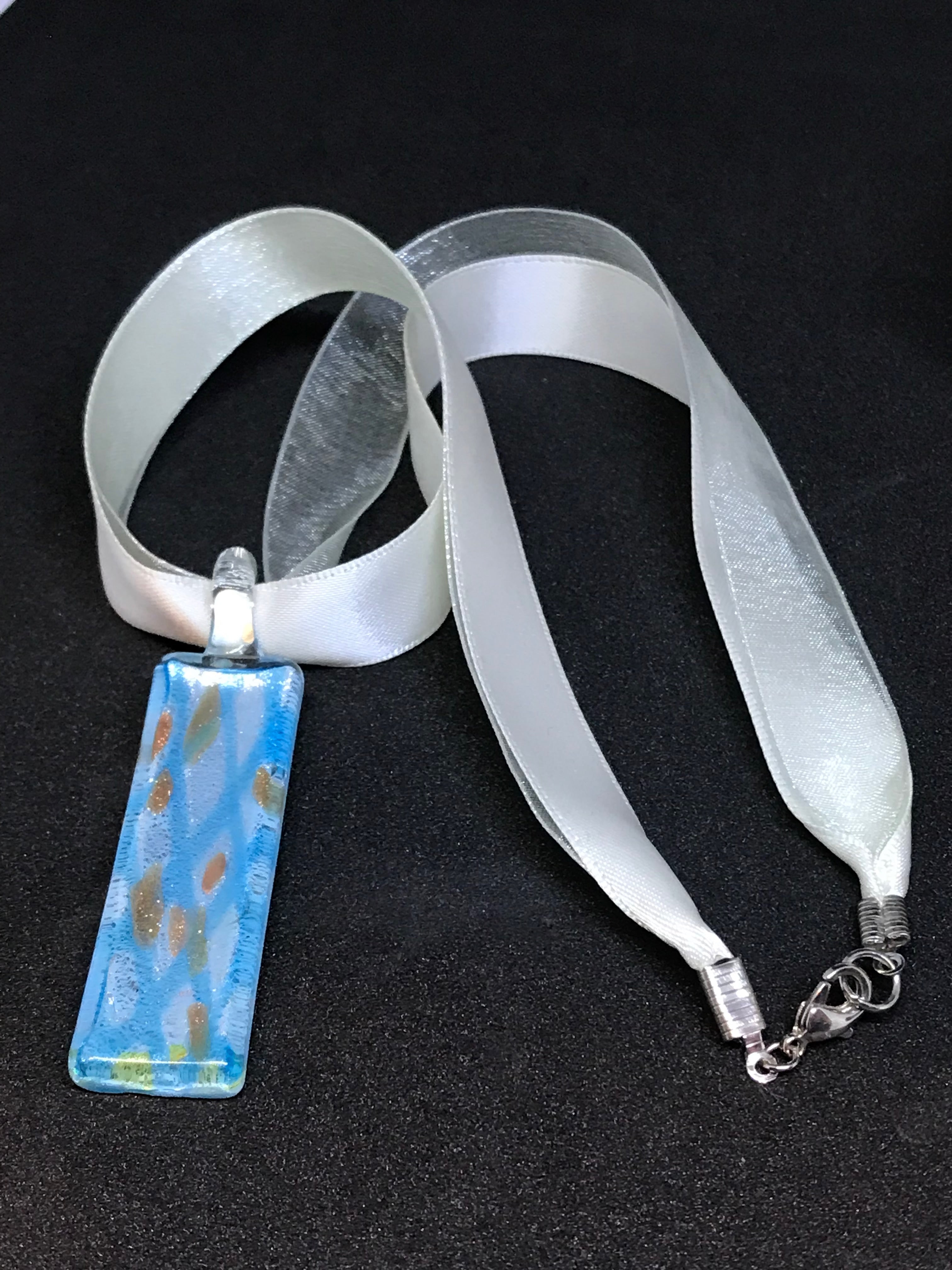 Glass Choker – Blue Fused Glass Pendant on Ribbon, Handmade Art Jewelry