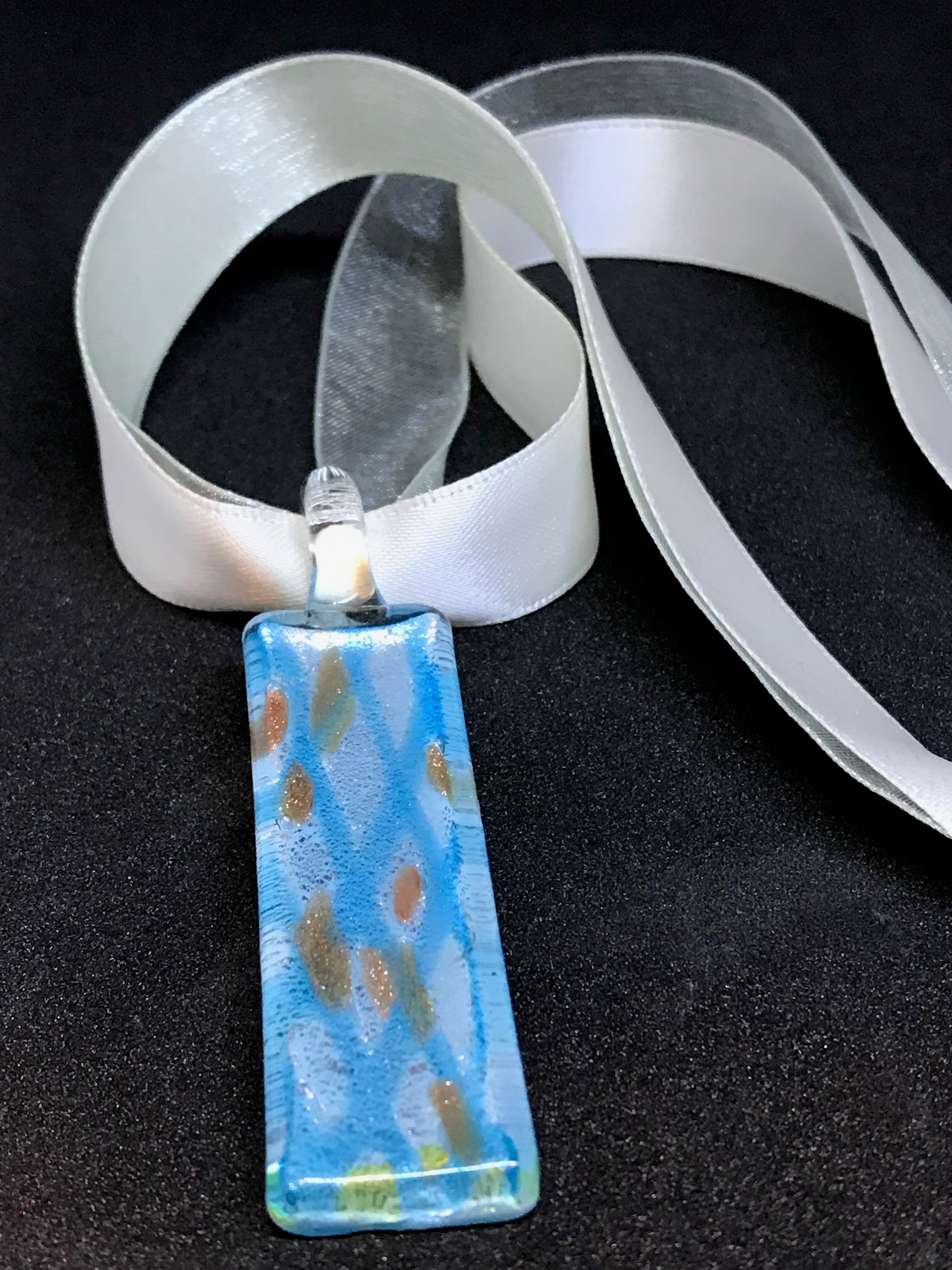 Glass Choker – Blue Fused Glass Pendant on Ribbon, Handmade Art Jewelry