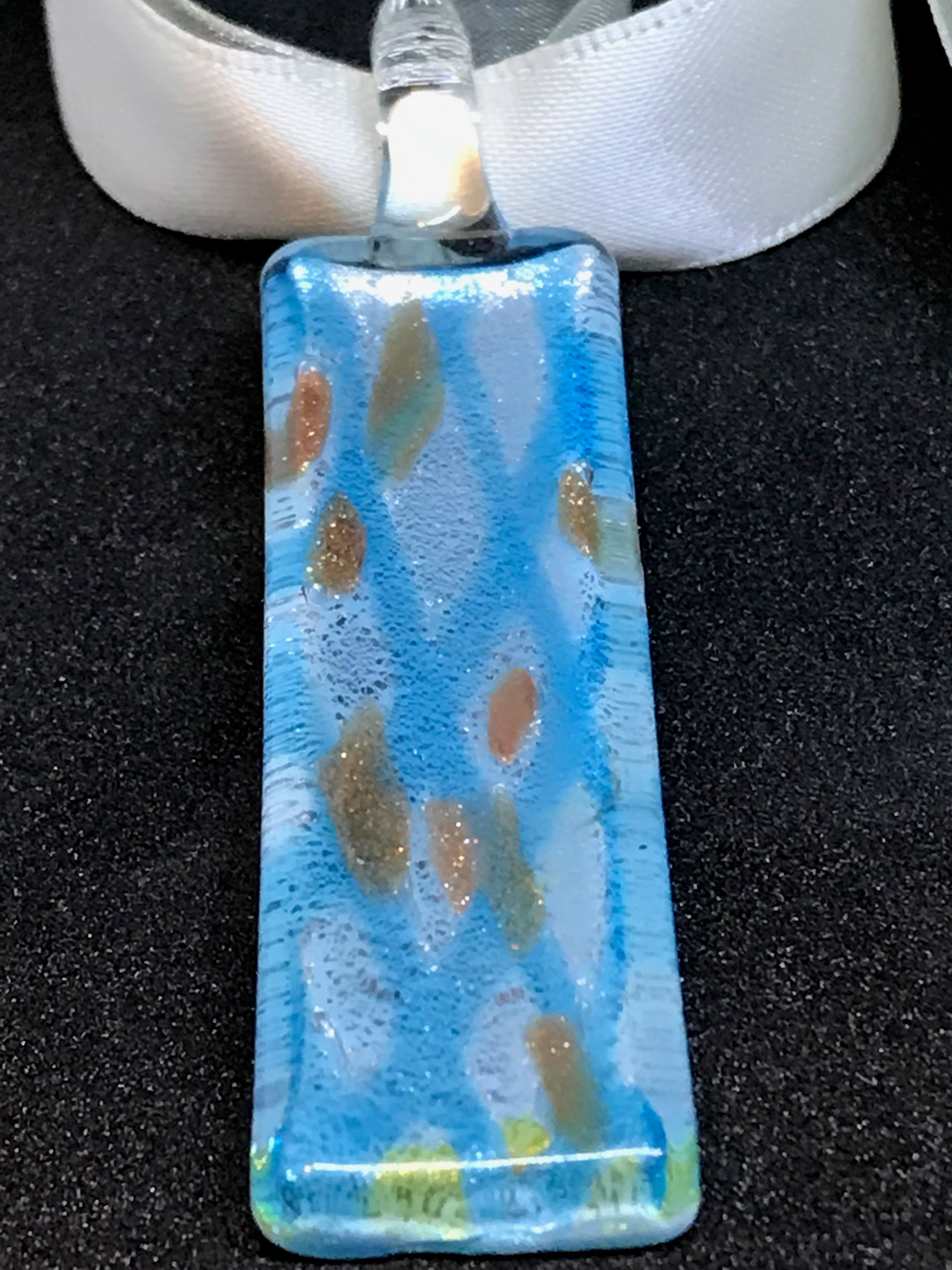 Glass Choker – Blue Fused Glass Pendant on Ribbon, Handmade Art Jewelry