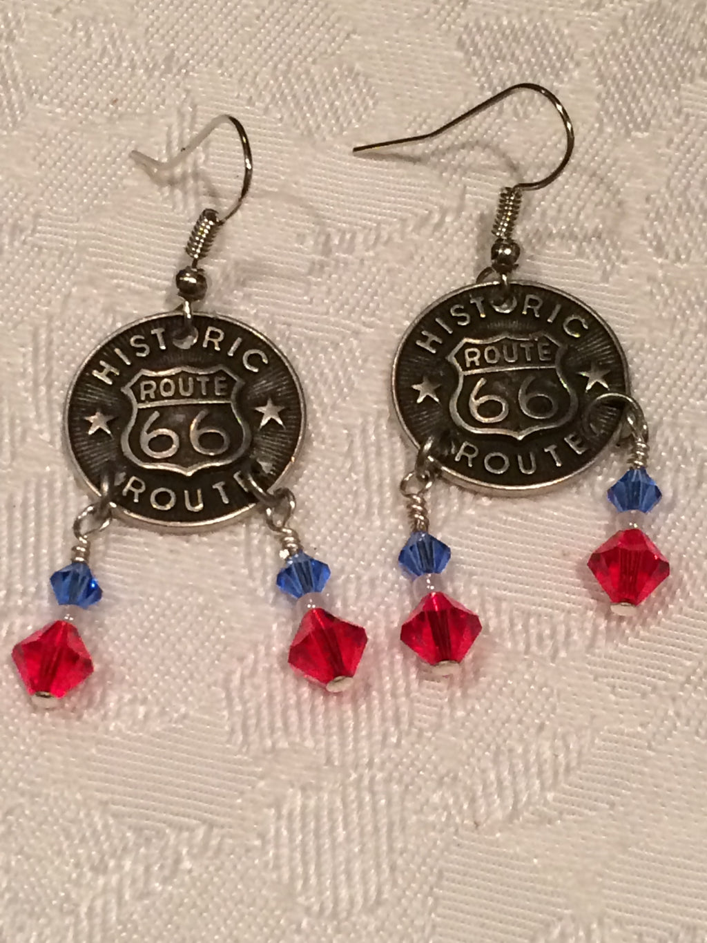 Route 66 Dangle Earrings – Americana Red White Blue Travel Jewelry