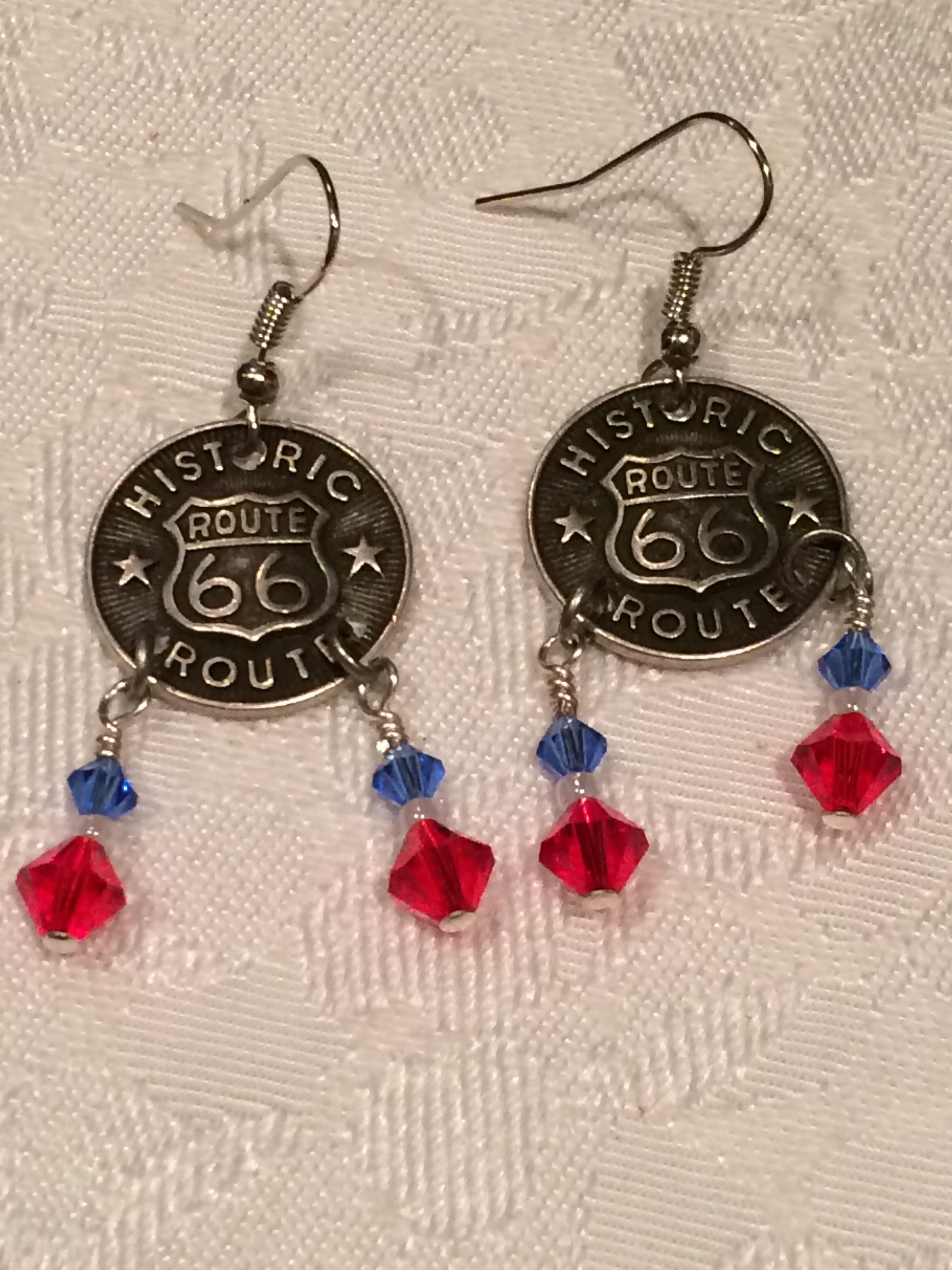 Route 66 Dangle Earrings – Americana Red White Blue Travel Jewelry
