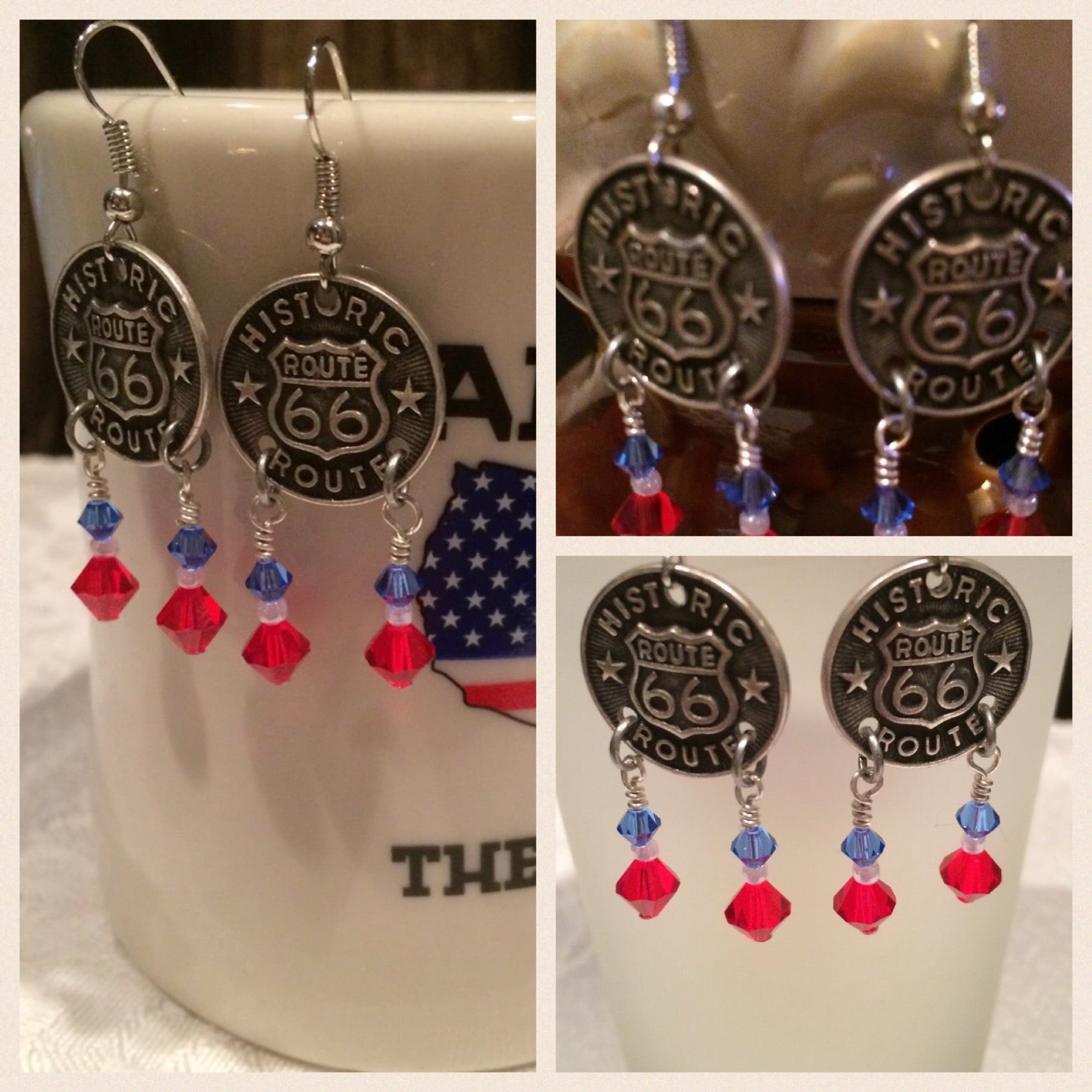 Route 66 Dangle Earrings – Americana Red White Blue Travel Jewelry