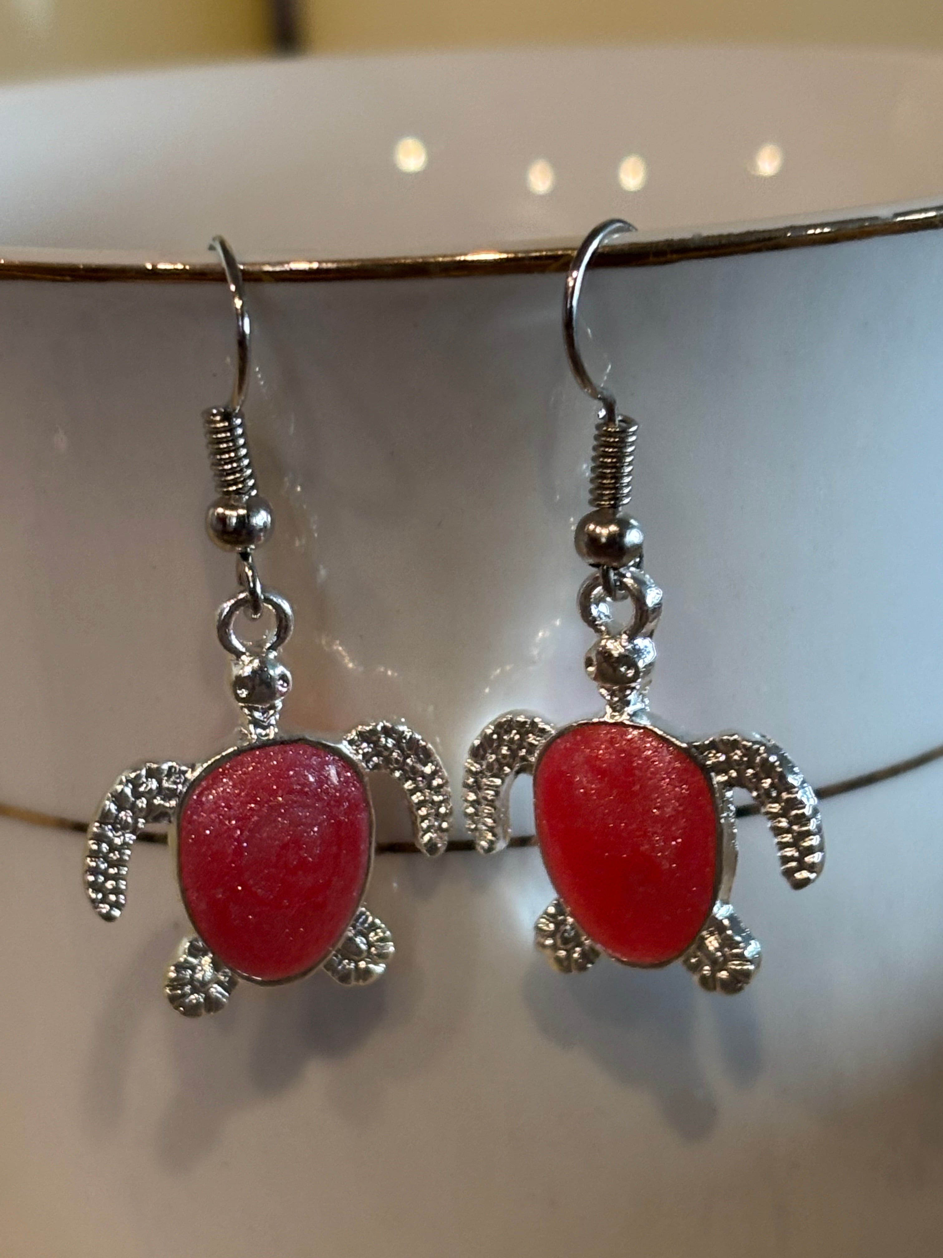 Sea Turtle Dangle Earrings – Resin-Filled Silver Ocean Jewelry (Multiple Colors)