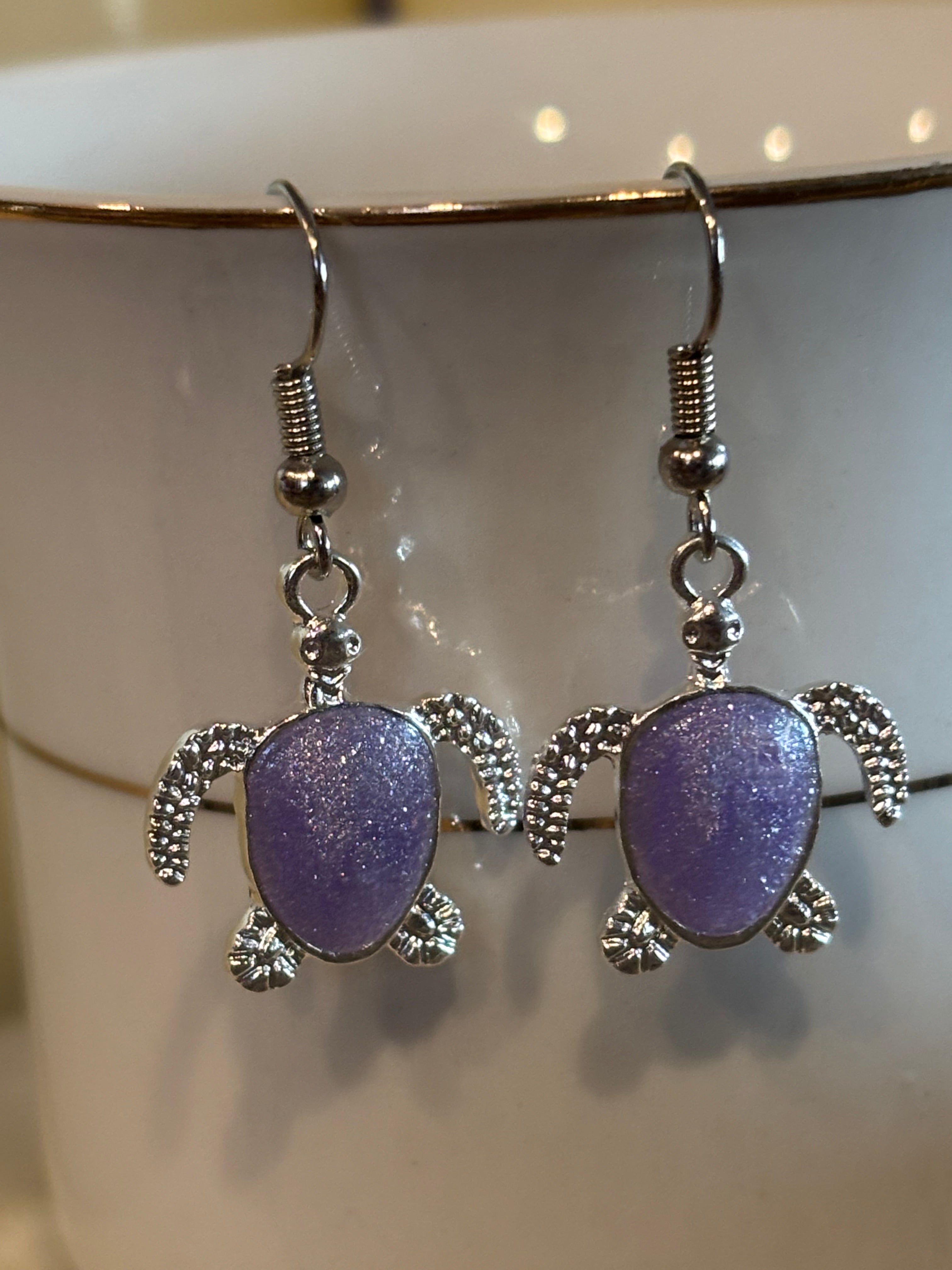 Sea Turtle Dangle Earrings – Resin-Filled Silver Ocean Jewelry (Multiple Colors)