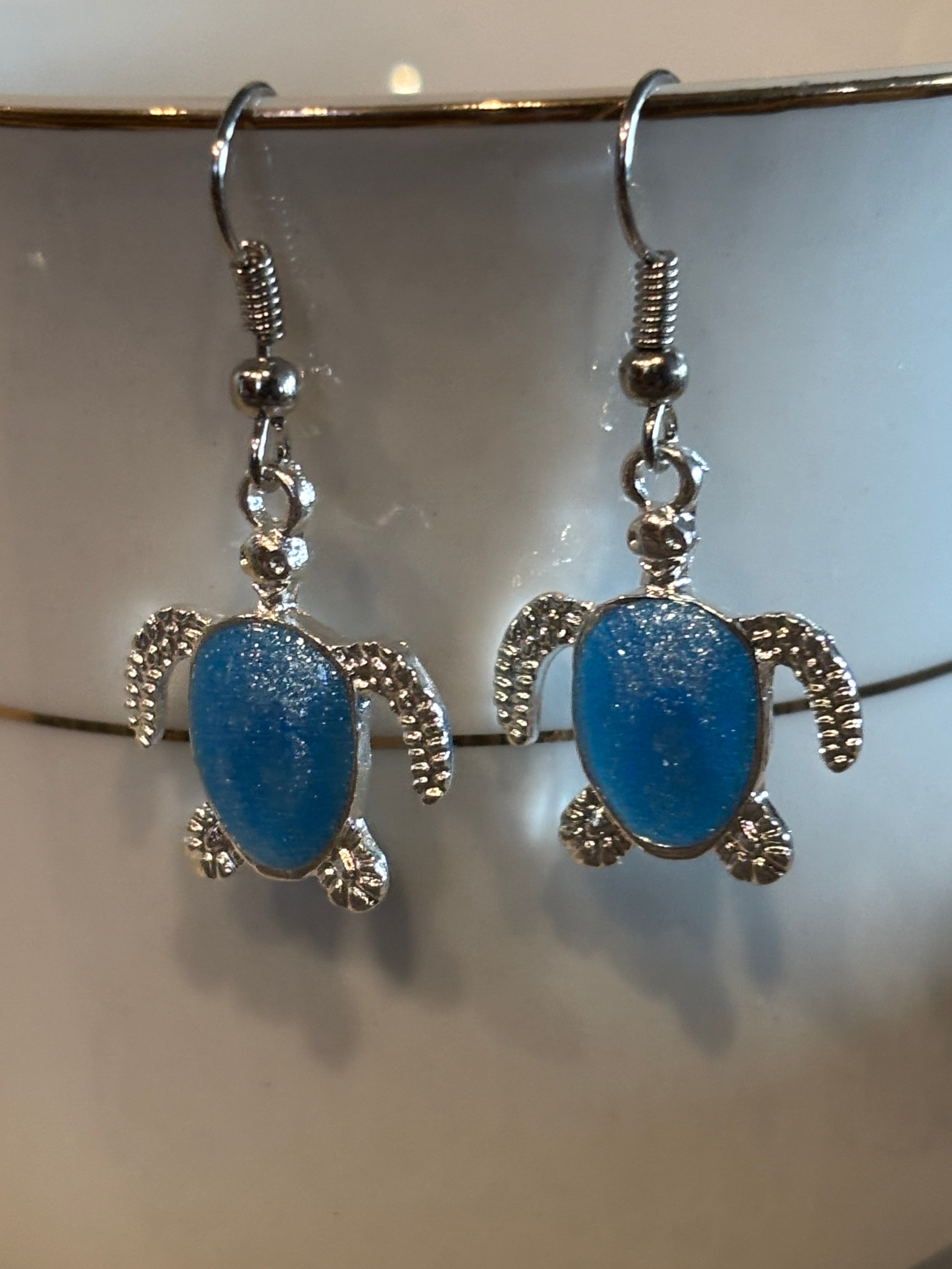 Sea Turtle Dangle Earrings – Resin-Filled Silver Ocean Jewelry (Multiple Colors)