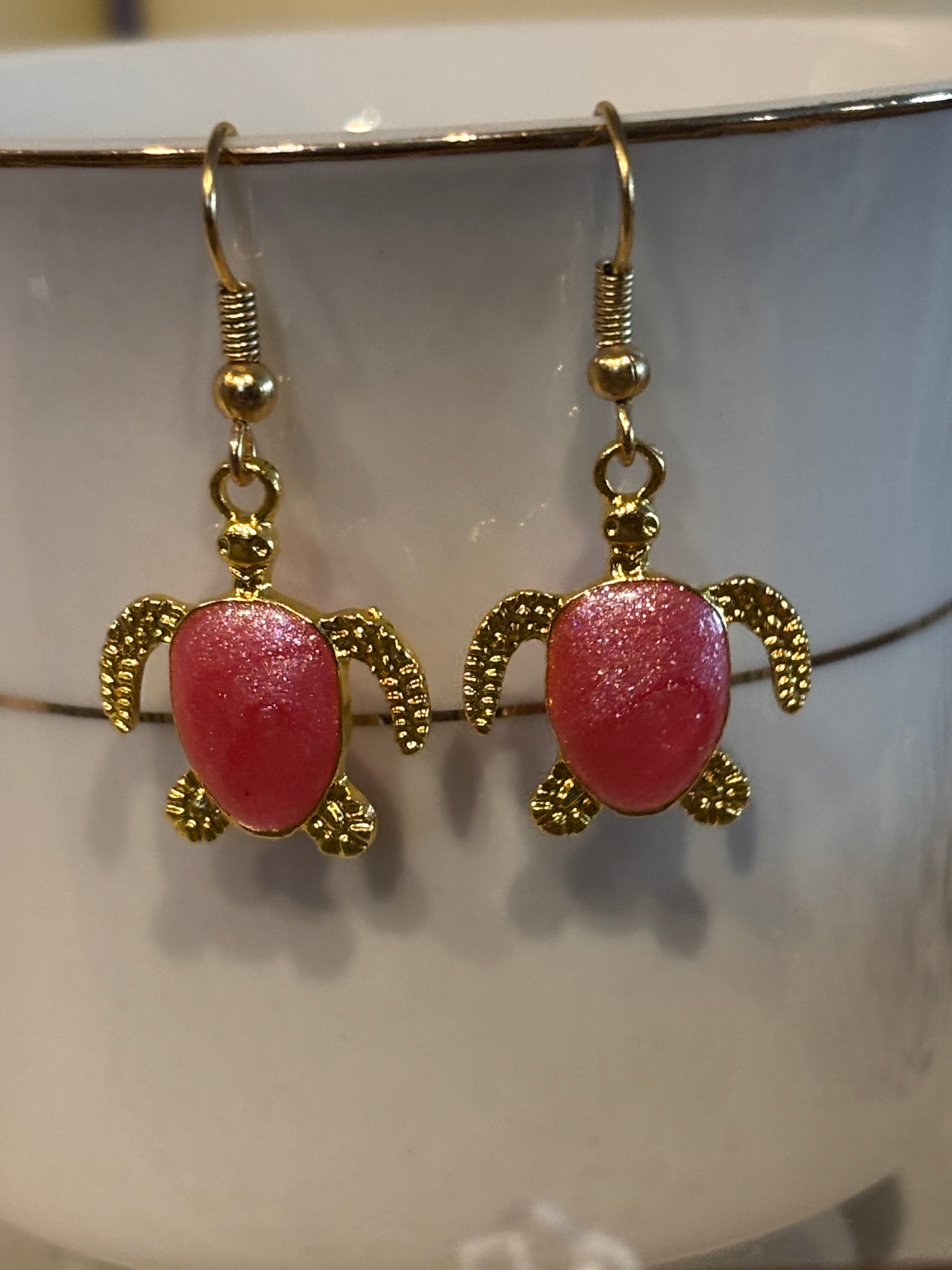 Sea Turtle Dangle Earrings – Resin-Filled Gold Ocean Jewelry (Multiple Colors)