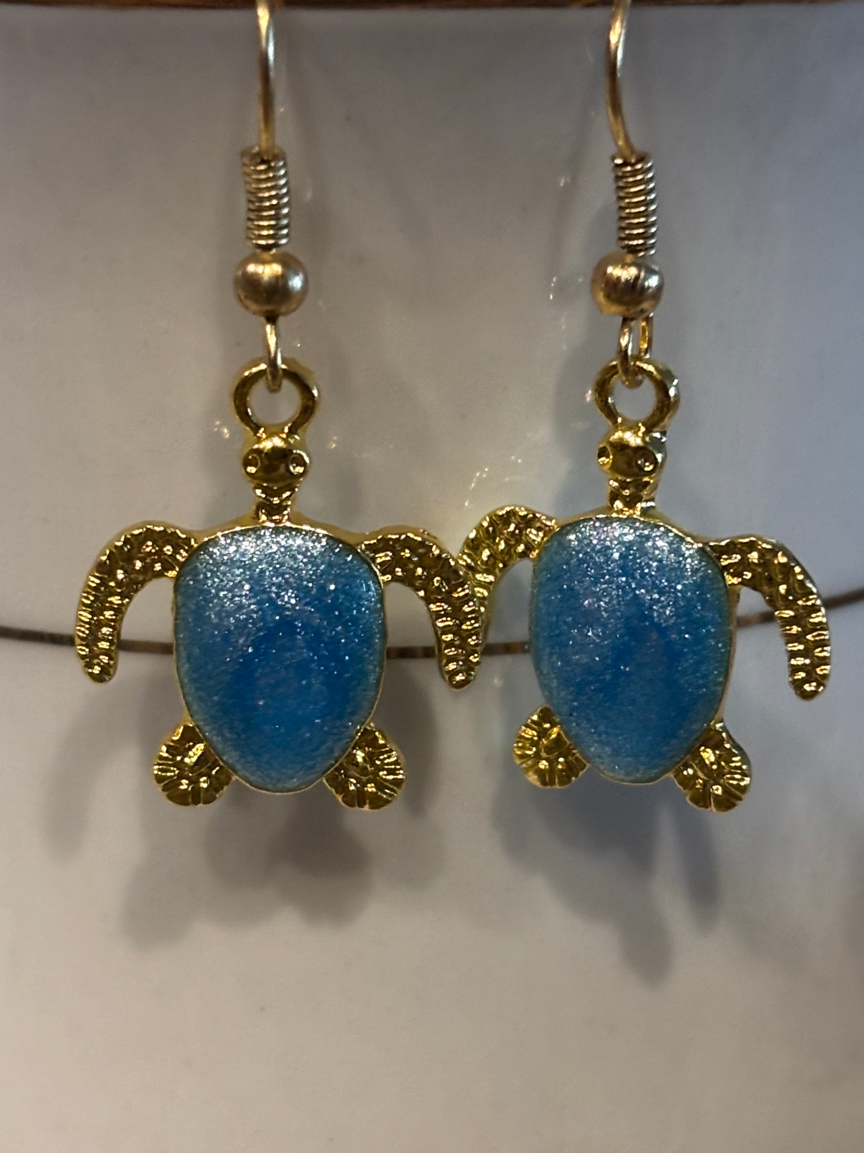 Sea Turtle Dangle Earrings – Resin-Filled Gold Ocean Jewelry (Multiple Colors)
