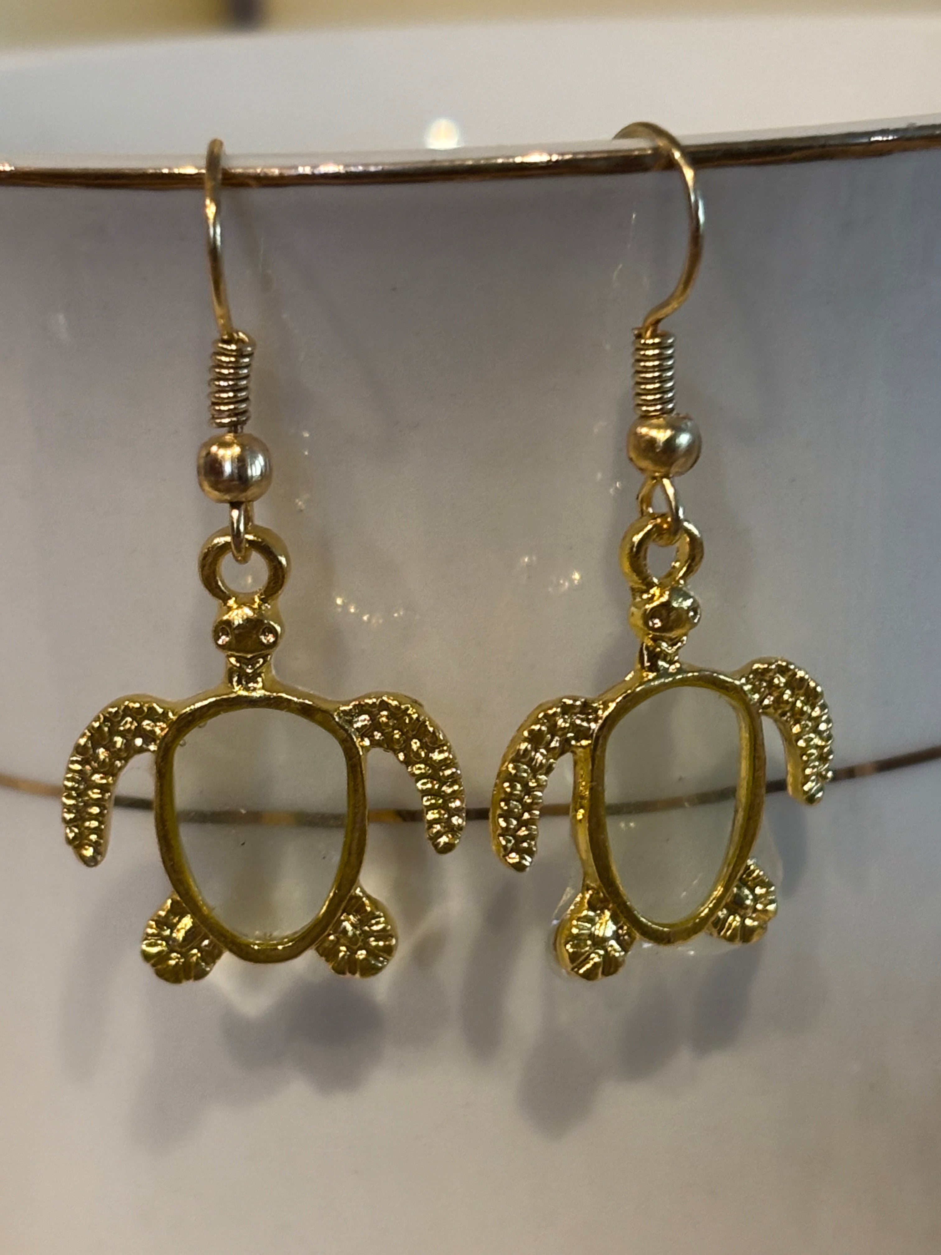 Sea Turtle Dangle Earrings – Resin-Filled Gold Ocean Jewelry (Multiple Colors)