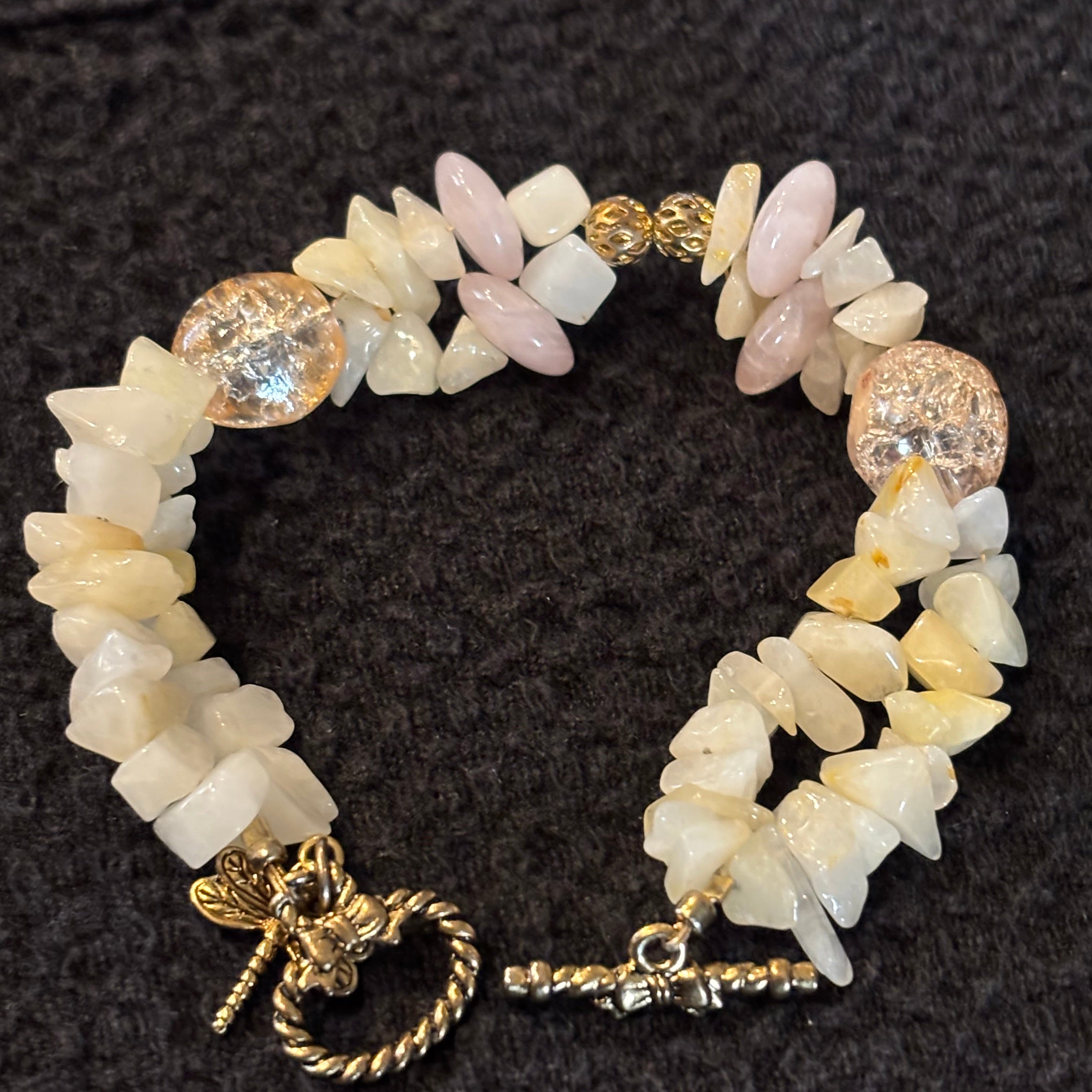 Double Strand Pineapple Quartz Bracelet with Crackle Glass Focal Beads, Dragonfly Charm, Handmade Boho Gemstone Jewelry