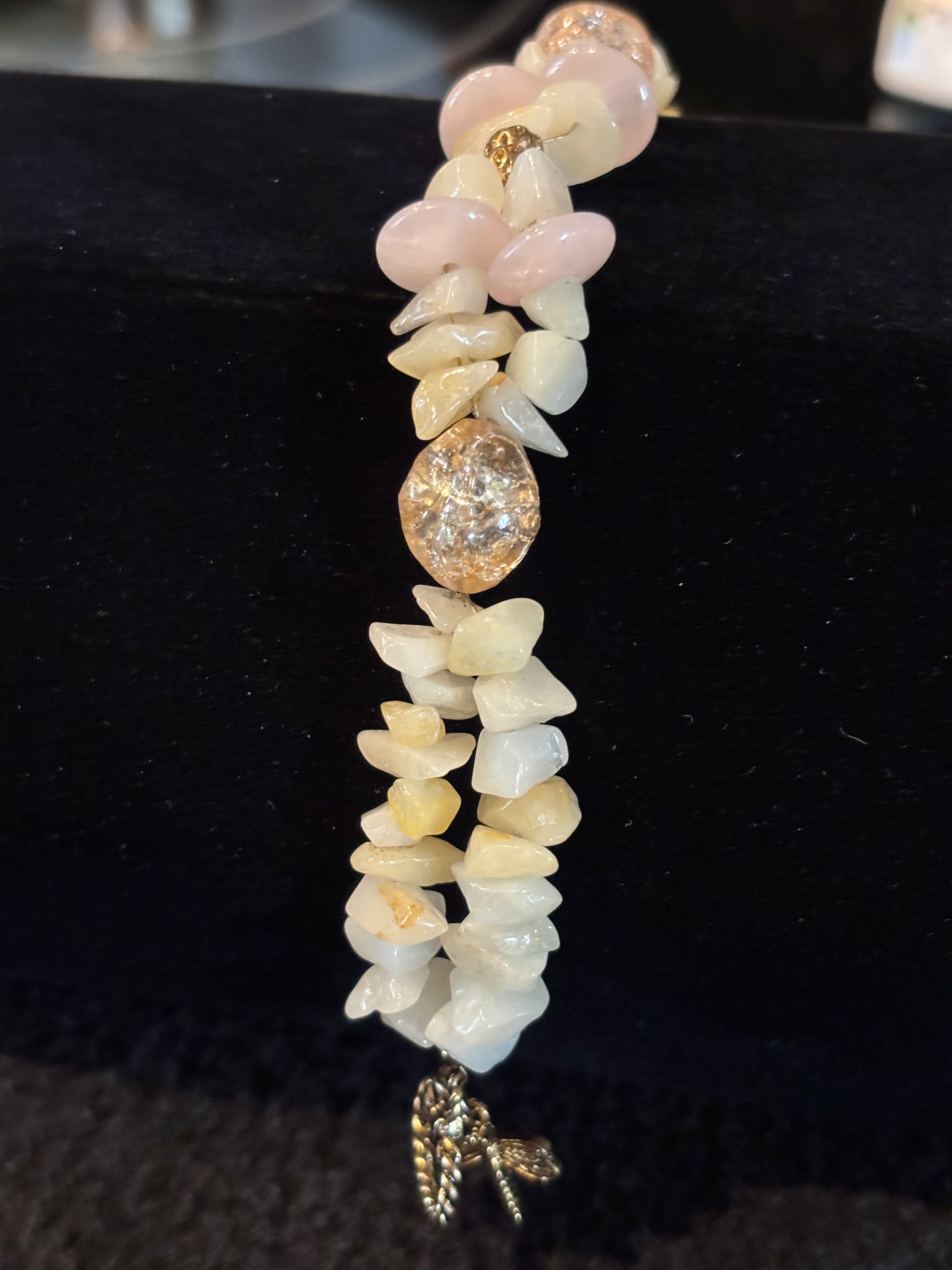 Double Strand Pineapple Quartz Bracelet with Crackle Glass Focal Beads, Dragonfly Charm, Handmade Boho Gemstone Jewelry