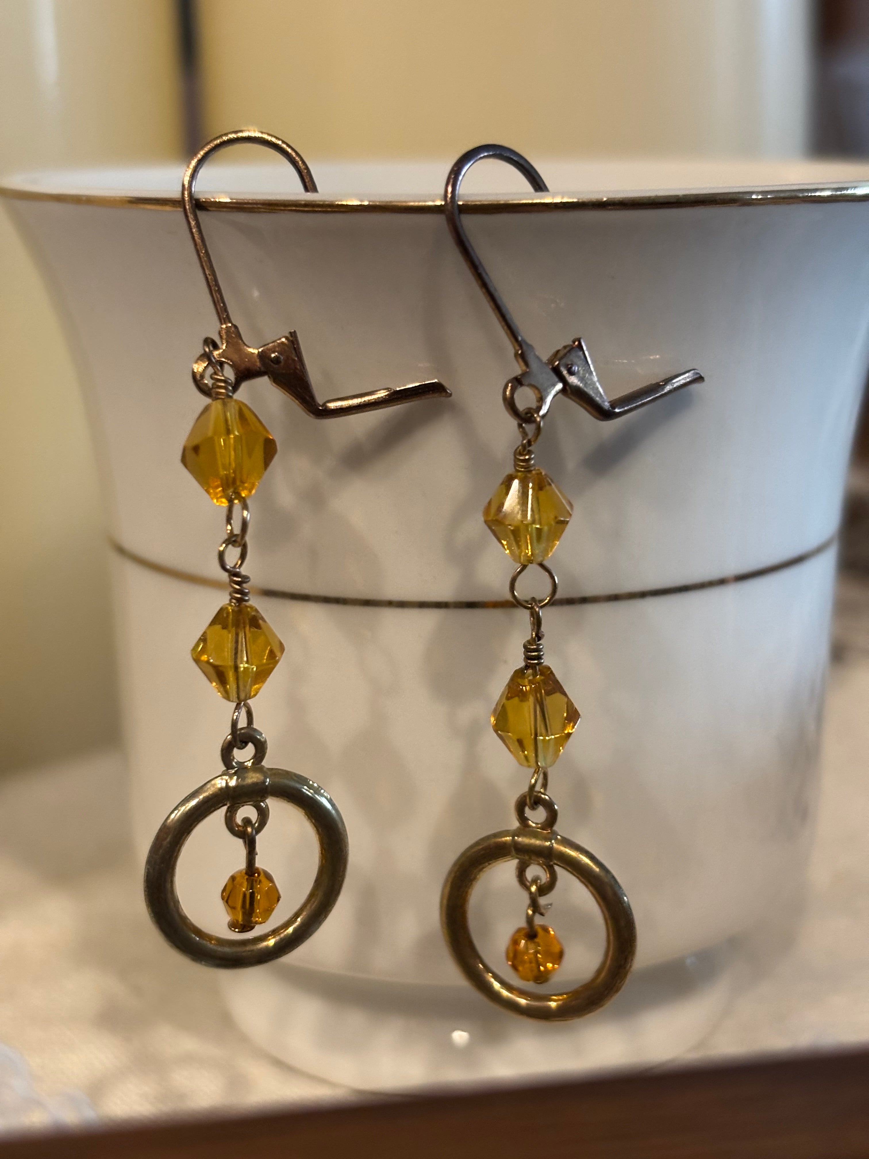 Amber Czech Glass Dangle Earrings, Gold Tone Leverback Earrings, Boho Crystal Drop Earrings, Vintage Style Jewelry Gift for Her