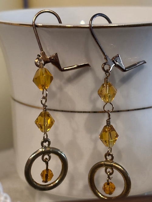 Amber Czech Glass Dangle Earrings, Gold Tone Leverback Earrings, Boho Crystal Drop Earrings, Vintage Style Jewelry Gift for Her