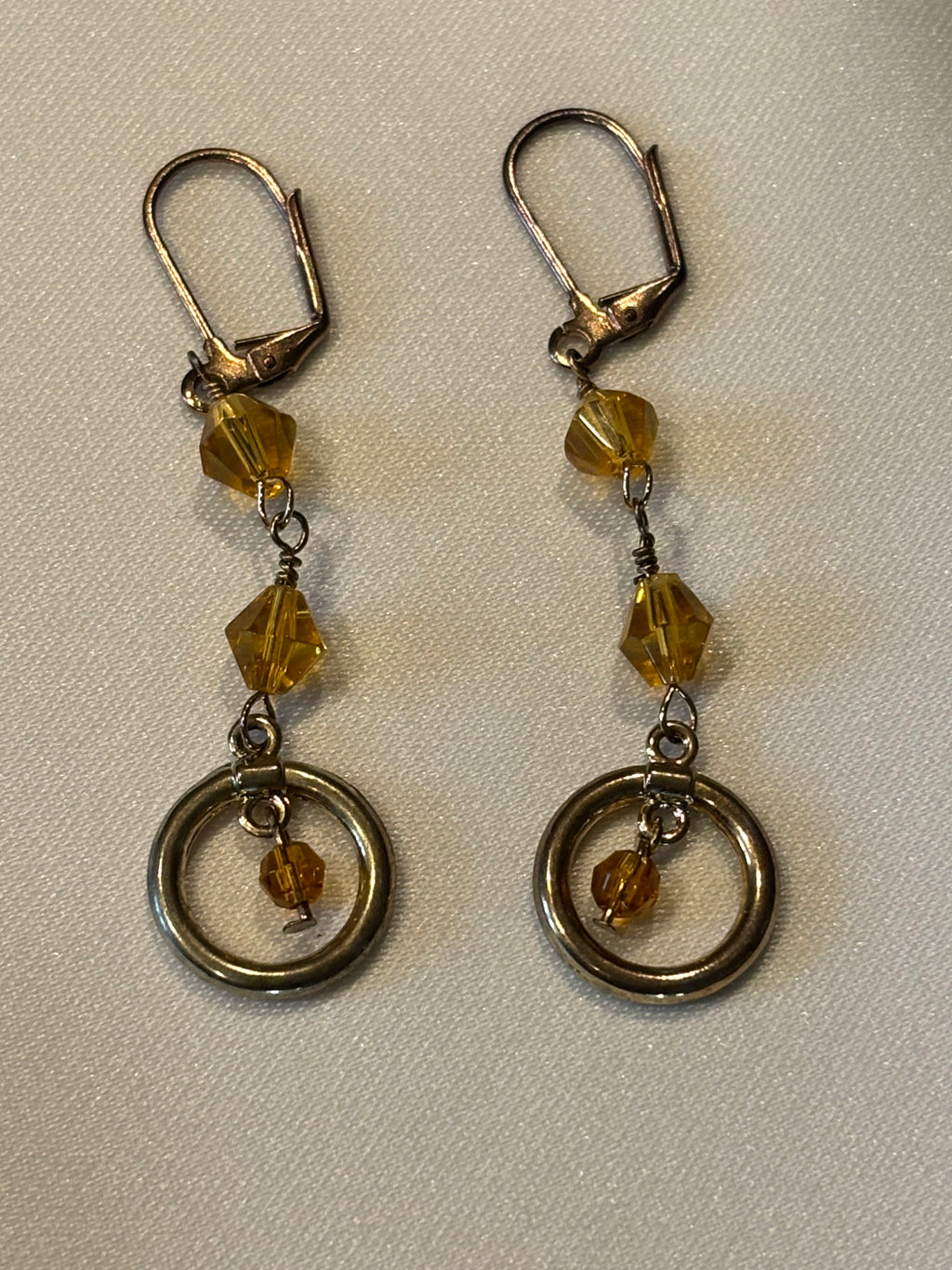 Amber Czech Glass Dangle Earrings, Gold Tone Leverback Earrings, Boho Crystal Drop Earrings, Vintage Style Jewelry Gift for Her