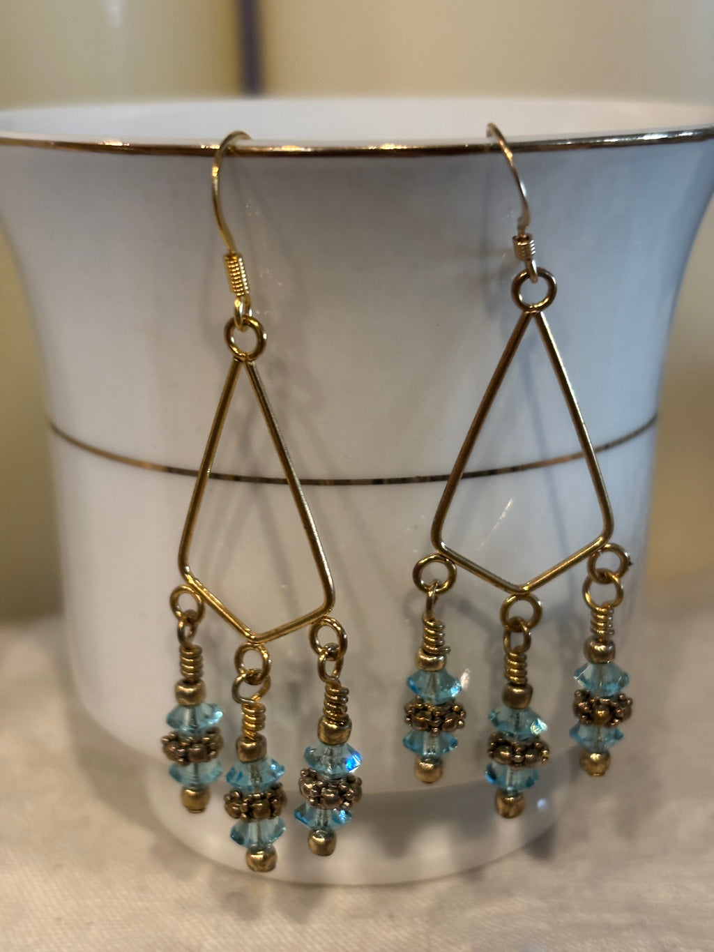 Light Blue Czech Glass Crystal Dangle Earrings, Gold Tone Geometric Drop Earrings, Boho Chandelier Style, Handmade Statement Jewelry