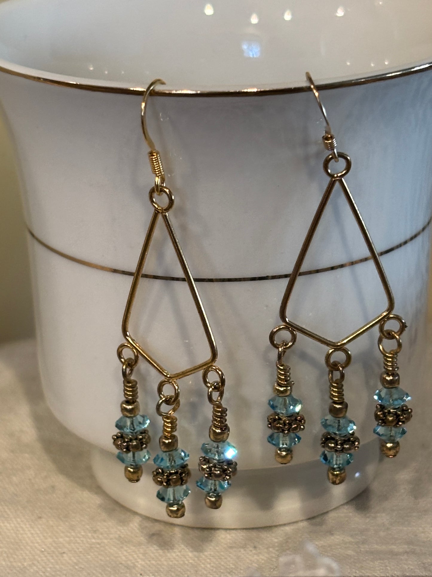Light Blue Czech Glass Crystal Dangle Earrings, Gold Tone Geometric Drop Earrings, Boho Chandelier Style, Handmade Statement Jewelry