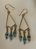 Light Blue Czech Glass Crystal Dangle Earrings, Gold Tone Geometric Drop Earrings, Boho Chandelier Style, Handmade Statement Jewelry
