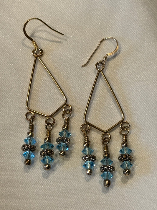 Light Blue Czech Glass Crystal Dangle Earrings, Gold Tone Geometric Drop Earrings, Boho Chandelier Style, Handmade Statement Jewelry