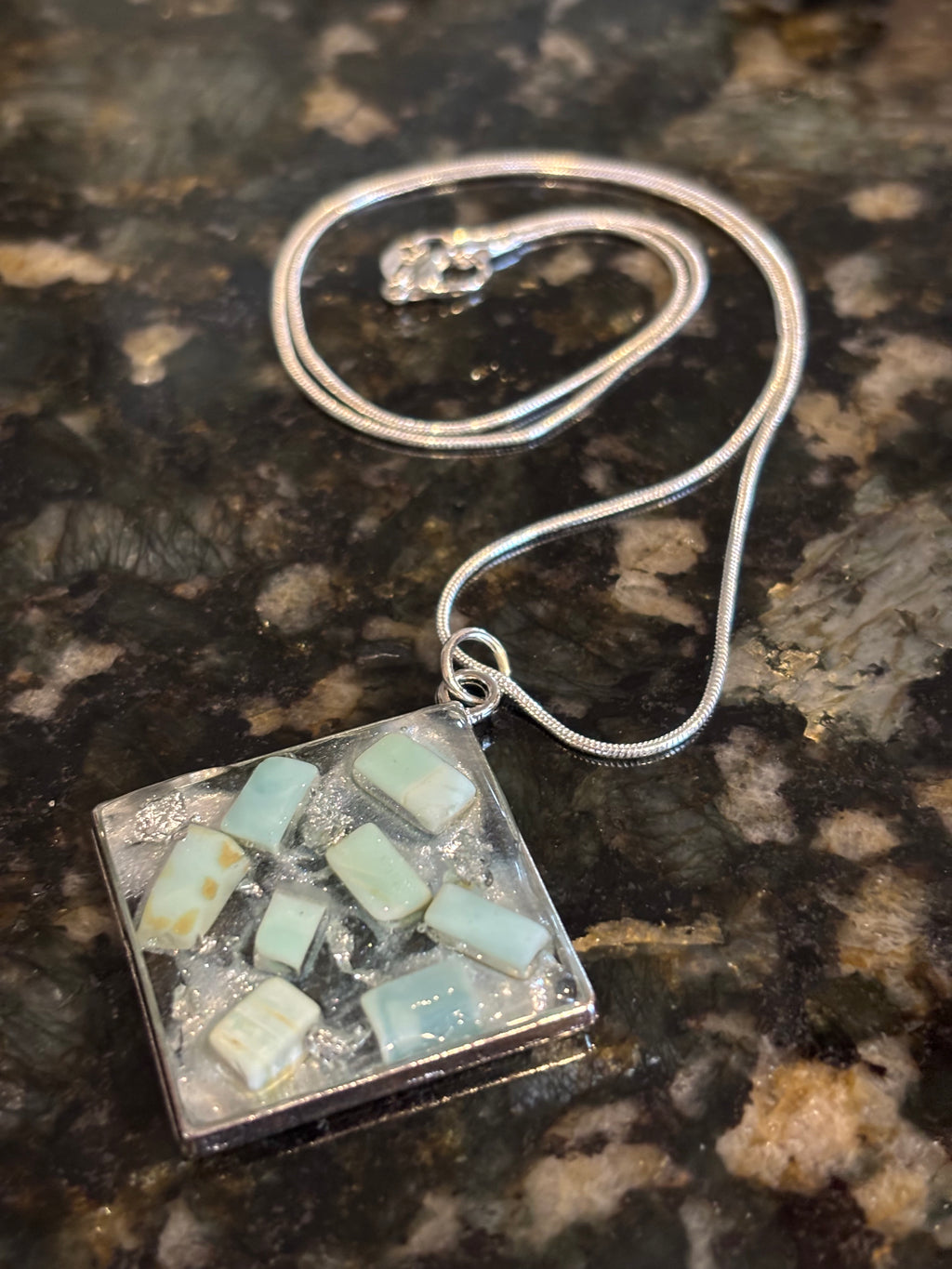 Blue Opal Resin Necklace, Silver Flake Pendant on Snake Chain, Handmade Gemstone Jewelry, Modern Statement Necklace