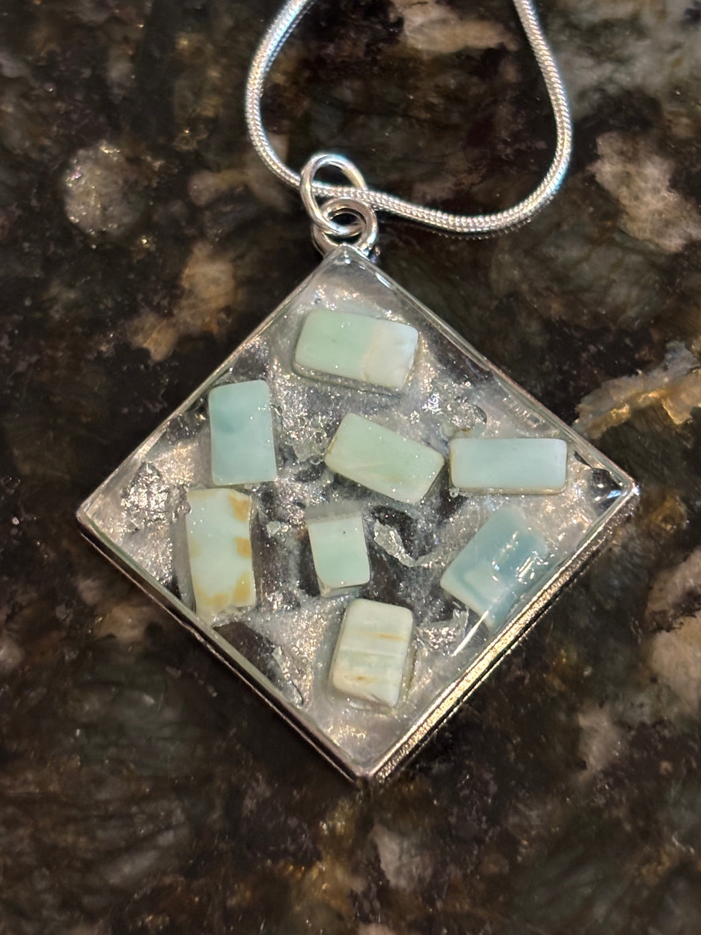 Blue Opal Resin Necklace, Silver Flake Pendant on Snake Chain, Handmade Gemstone Jewelry, Modern Statement Necklace