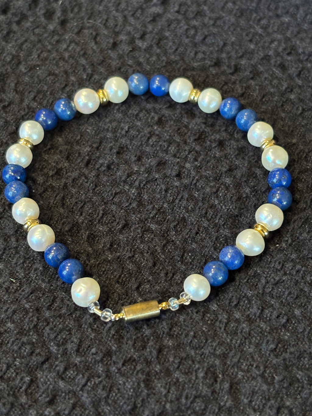 Lapis & Freshwater Pearl Bracelet, 8 Inch Blue and White Gemstone Bracelet with Gold Spacer Beads, Elegant Handmade Jewelry