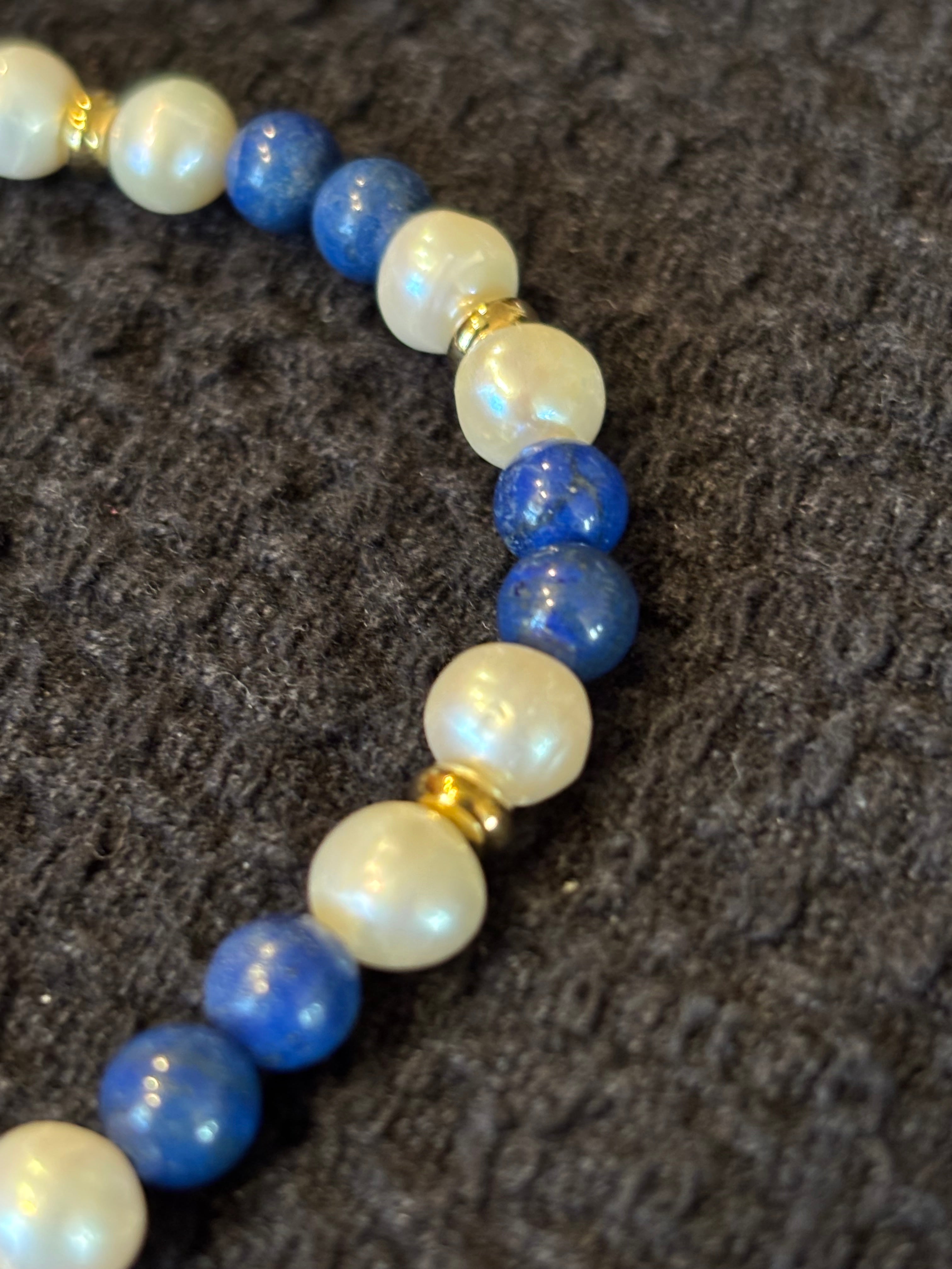 Lapis & Freshwater Pearl Bracelet, 8 Inch Blue and White Gemstone Bracelet with Gold Spacer Beads, Elegant Handmade Jewelry