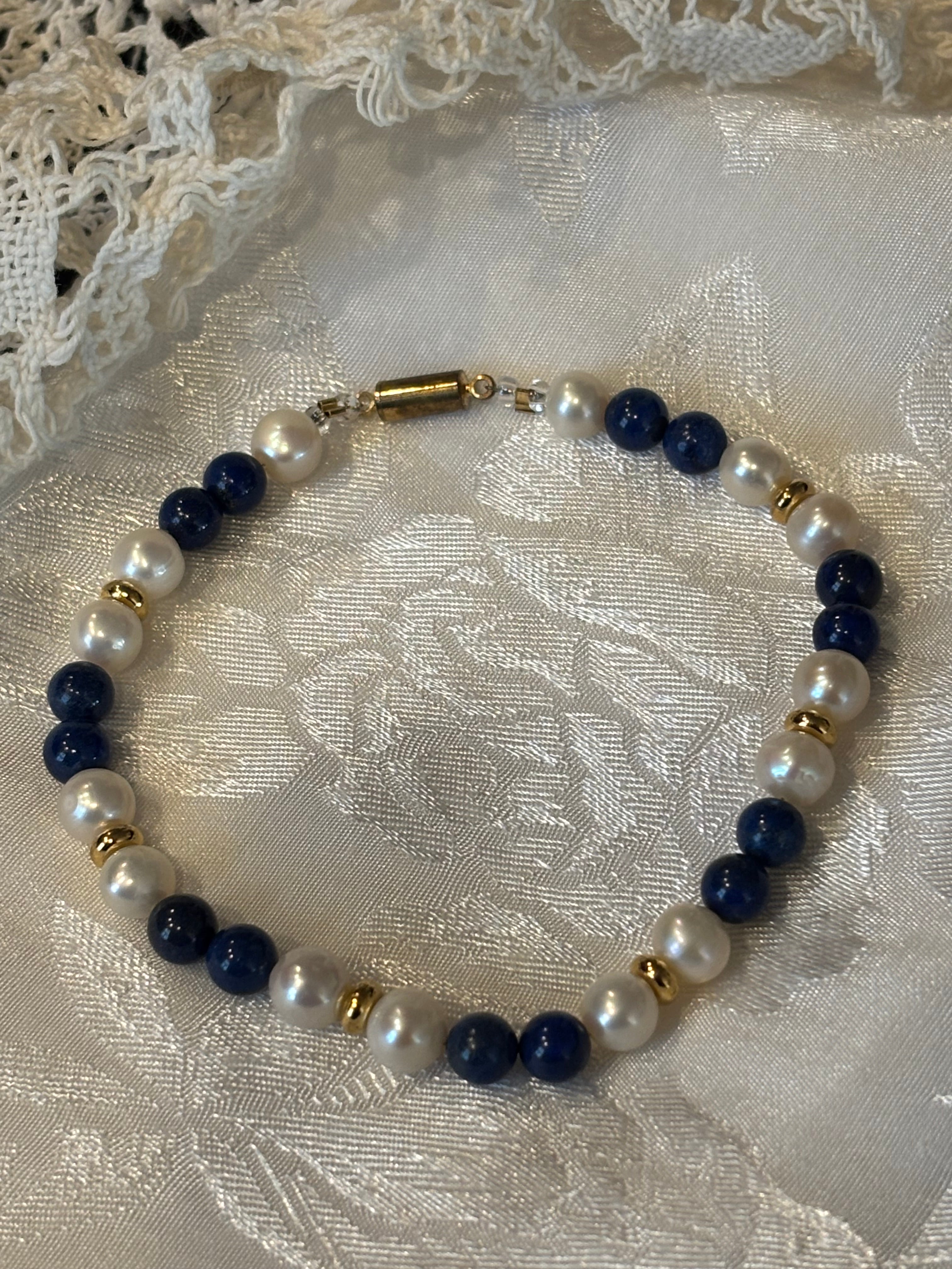 Lapis & Freshwater Pearl Bracelet, 8 Inch Blue and White Gemstone Bracelet with Gold Spacer Beads, Elegant Handmade Jewelry