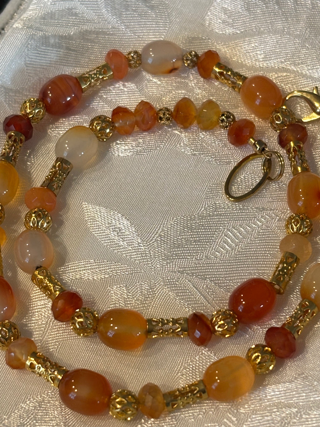 Dragon’s Tears Carnelian Necklace, 16 Inch Gemstone Necklace with Gold Filigree Spacers, Handmade Statement Jewelry