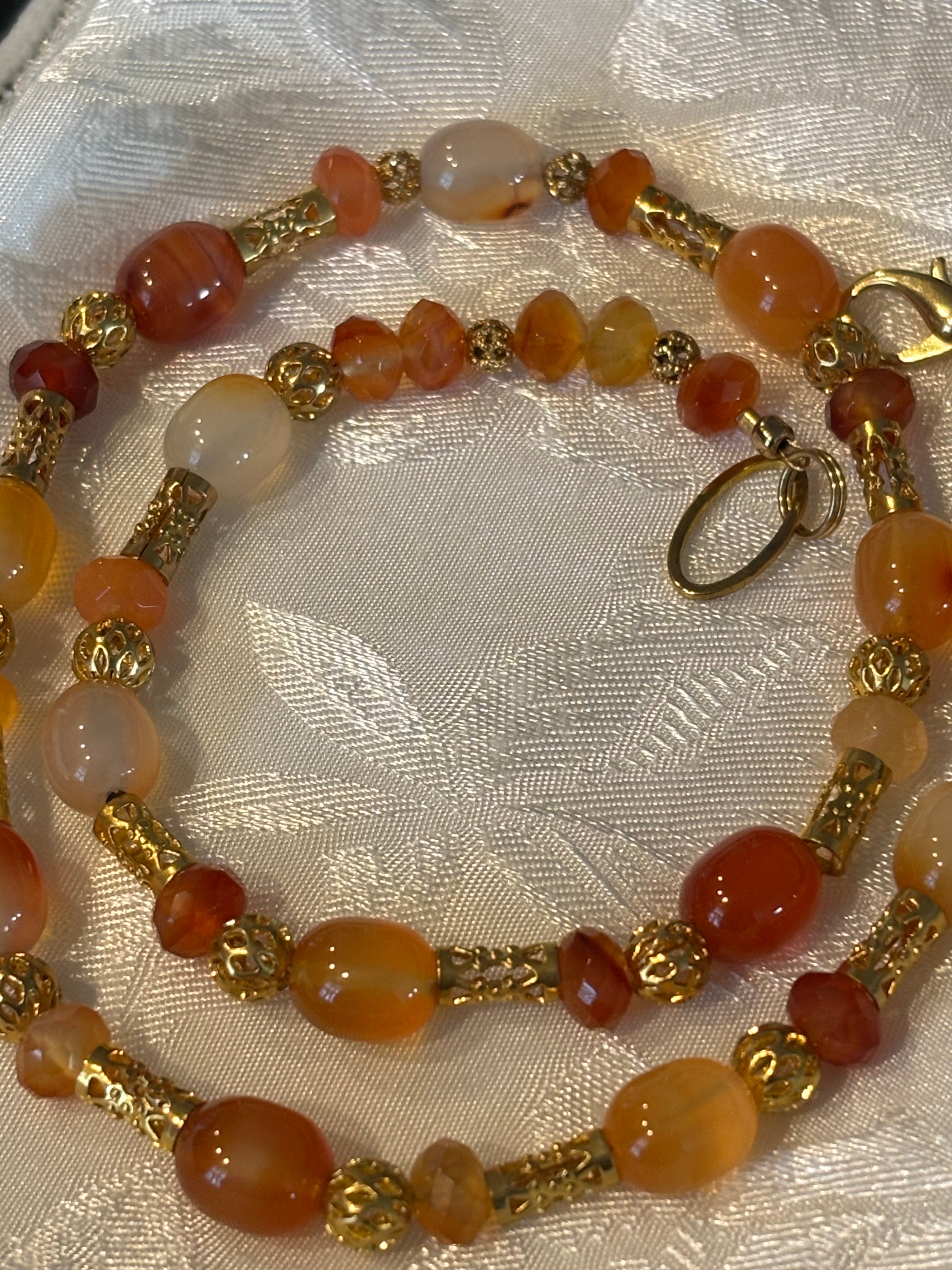 Dragon’s Tears Carnelian Necklace, 16 Inch Gemstone Necklace with Gold Filigree Spacers, Handmade Statement Jewelry