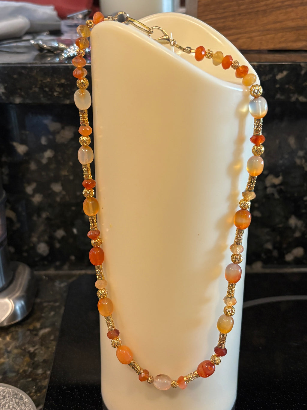 Dragon’s Tears Carnelian Necklace, 16 Inch Gemstone Necklace with Gold Filigree Spacers, Handmade Statement Jewelry